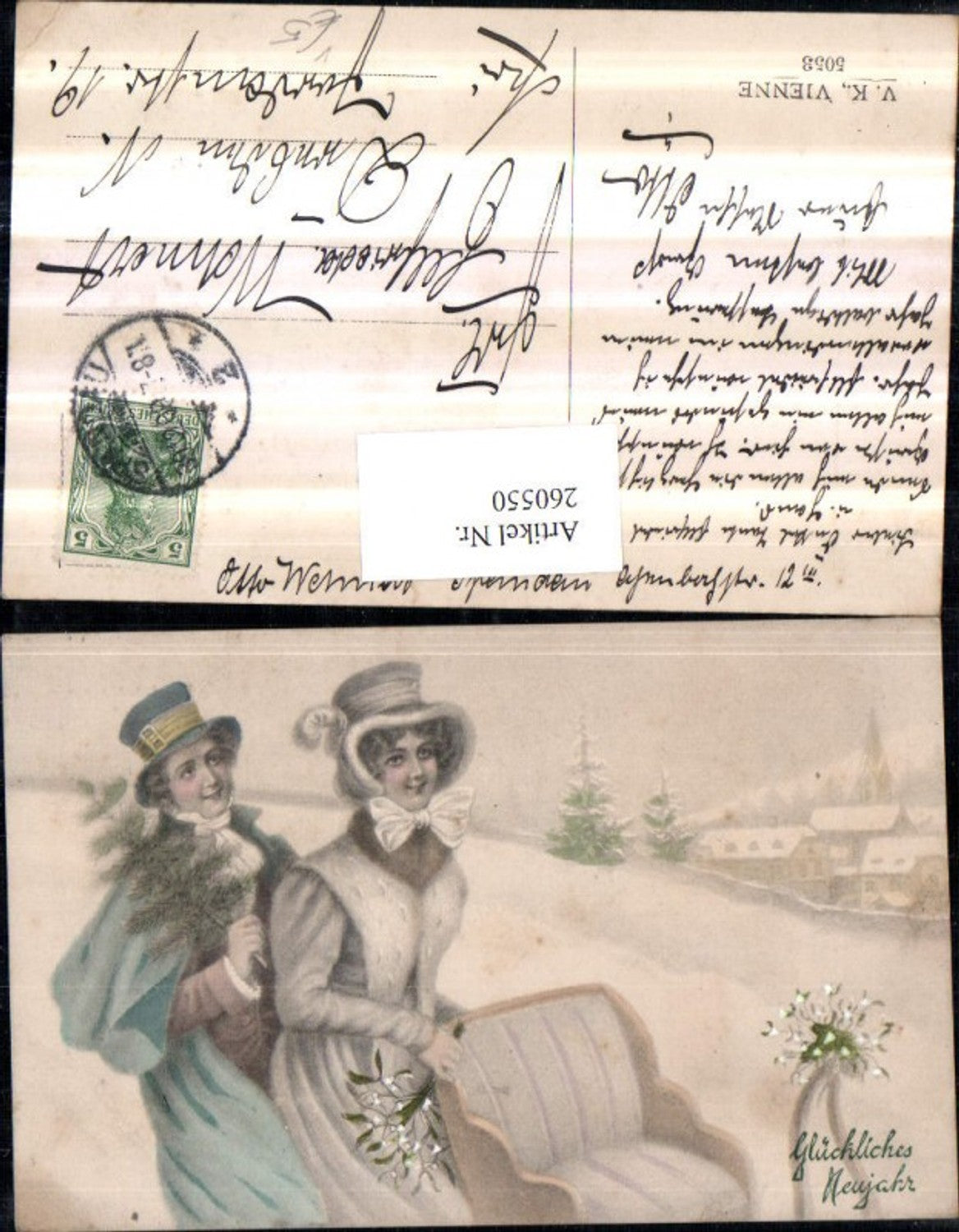 260550,M. Munk Vienne 5053 Neujahr Liebespaar Liebe Frau u. Mann m. Hut Schlitten Mistelzweig