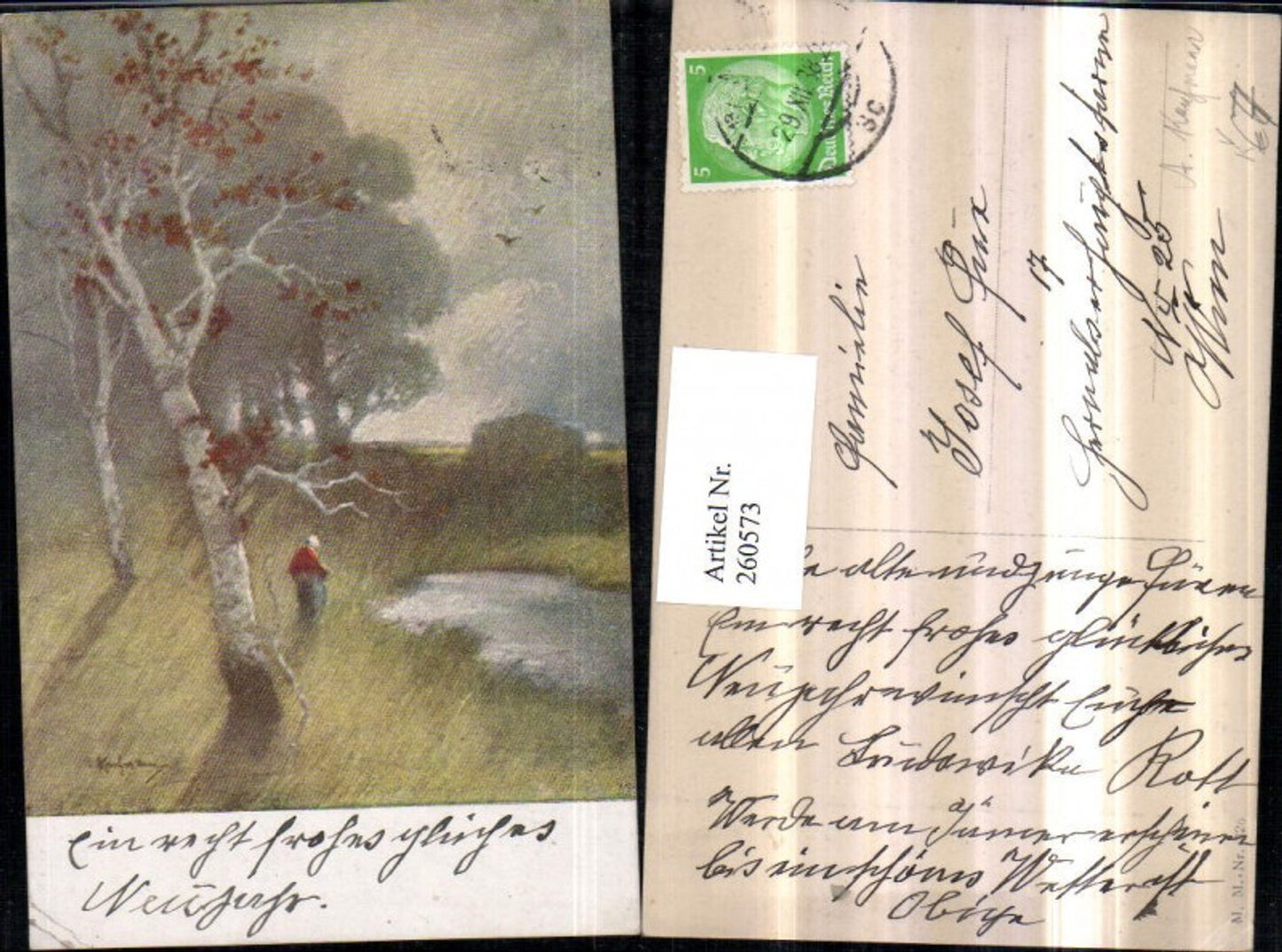 260573,M. Munk Vienne 326 Künstler A. Kaufman Landschaft Bäume Teich Wiese