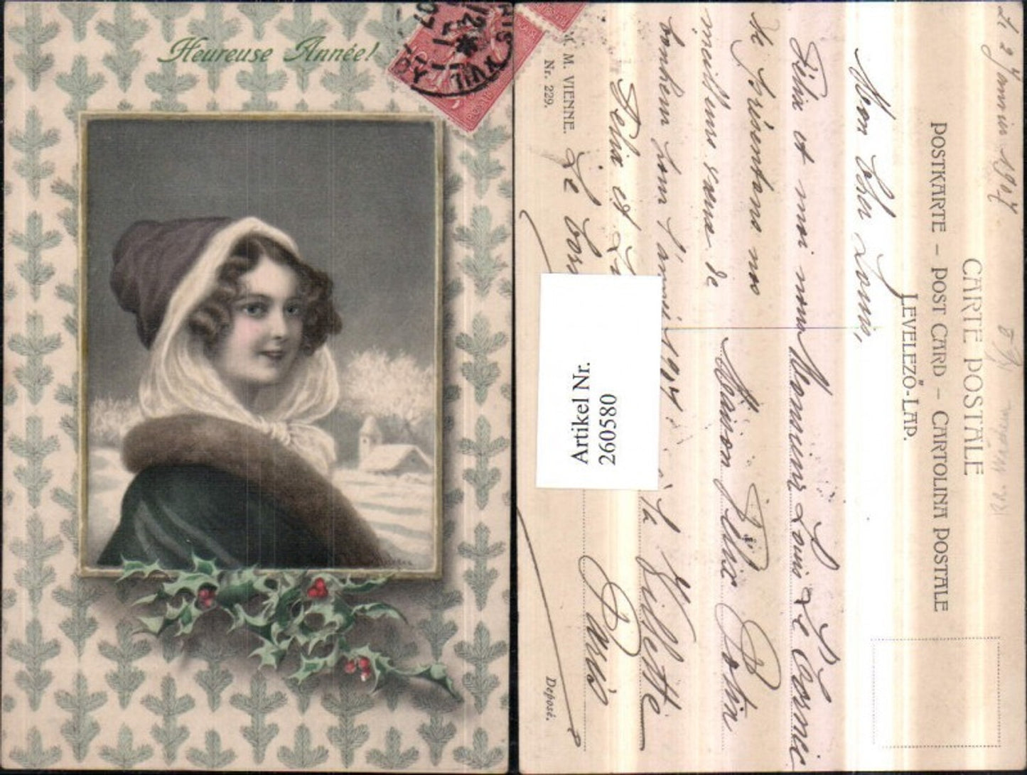 260580, M. Munk Vienna 229 Artist RR v. Wichera Woman with bonnet Portrait Passepartout Holly