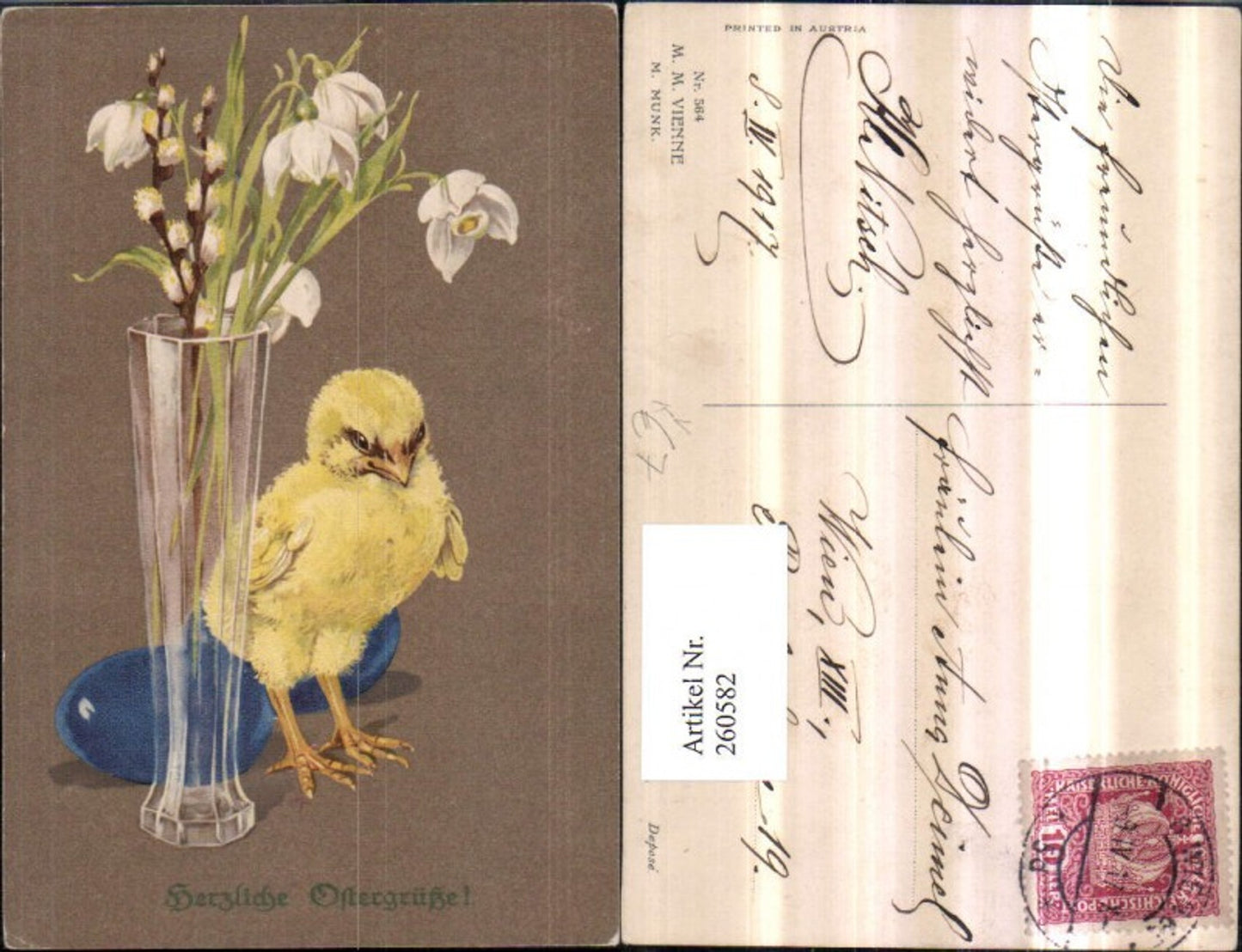260582,M. Munk Vienne 564 Künstlerkarte Küken Blumenvase Palmkätzchen Ostereier