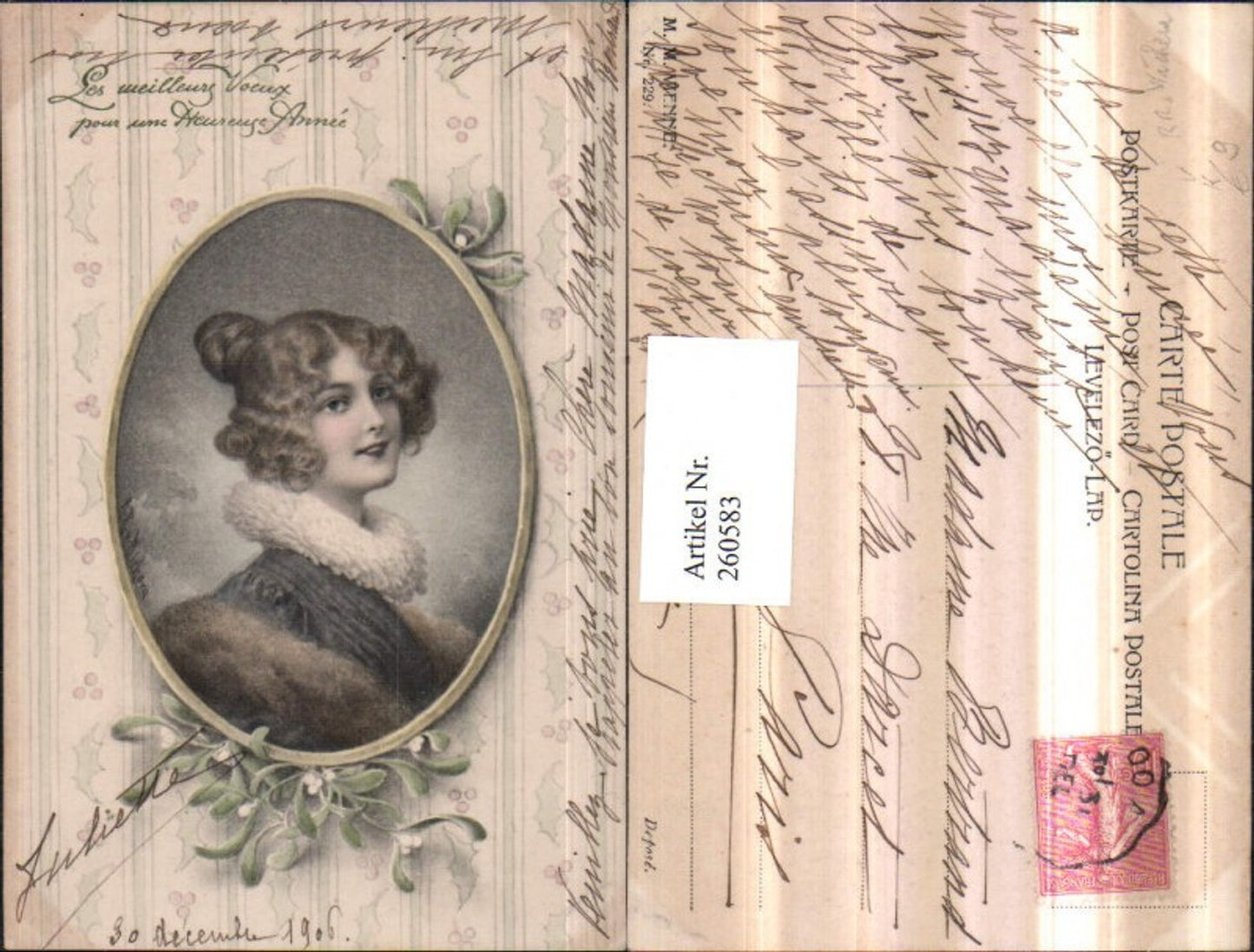 260583, M. Munk Vienna 229 Artist RR v. Wichera Woman Collar Portrait Passepartout Mistletoe Branches