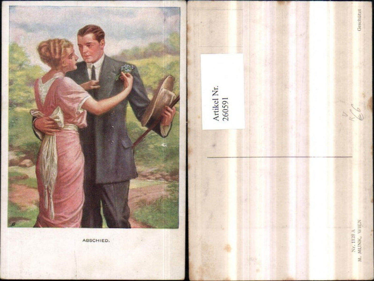 260591,M. Munk Vienne 1128A Künstlerkarte Abschied Liebespaar Paar Mann m. Hut Frau Kleid Blumen