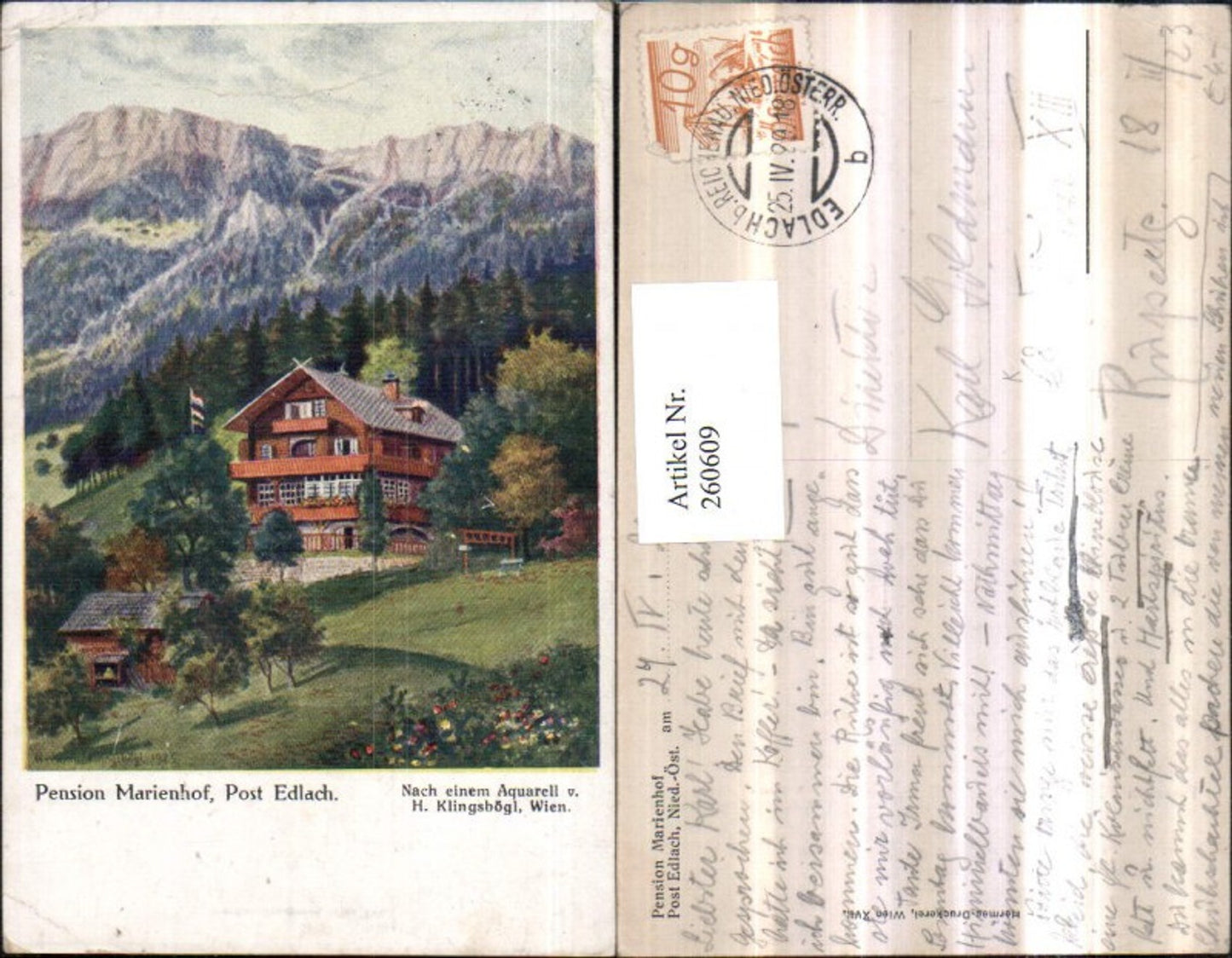 260609,Künstler AK H. Klingsbögl Pension Marienhof b. Edlach Bergkulisse