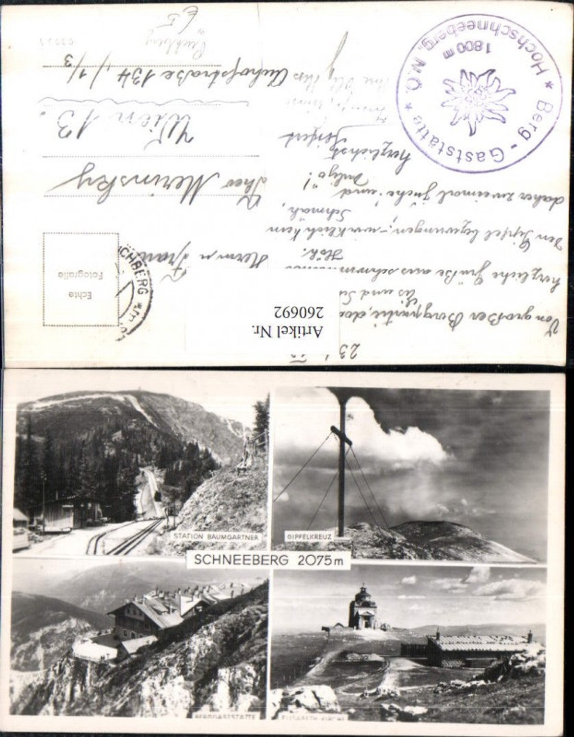 260692,Schneeberg Station Baumgartner Berggaststätte Elisabeth-Kirche Gipfelkreuz b. Puchberg Mehrbildkarte