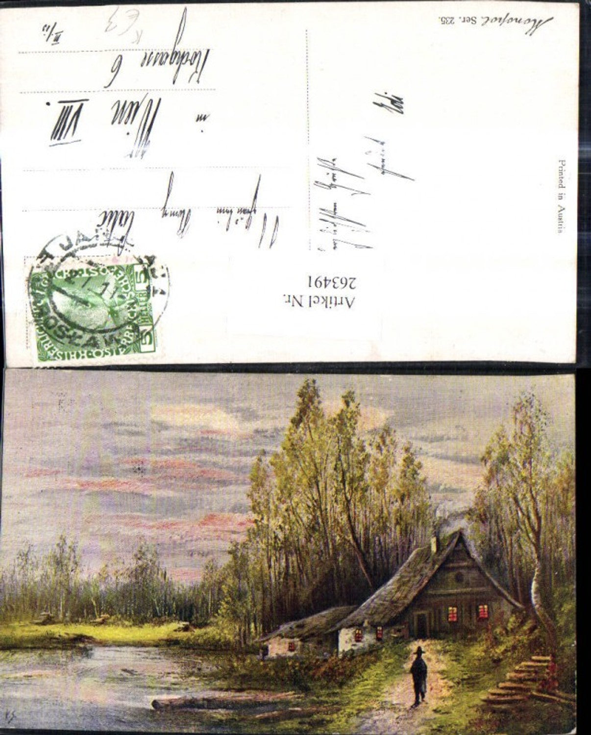 263491,Künstler Ak Mann b. Haus a. See Landschaft