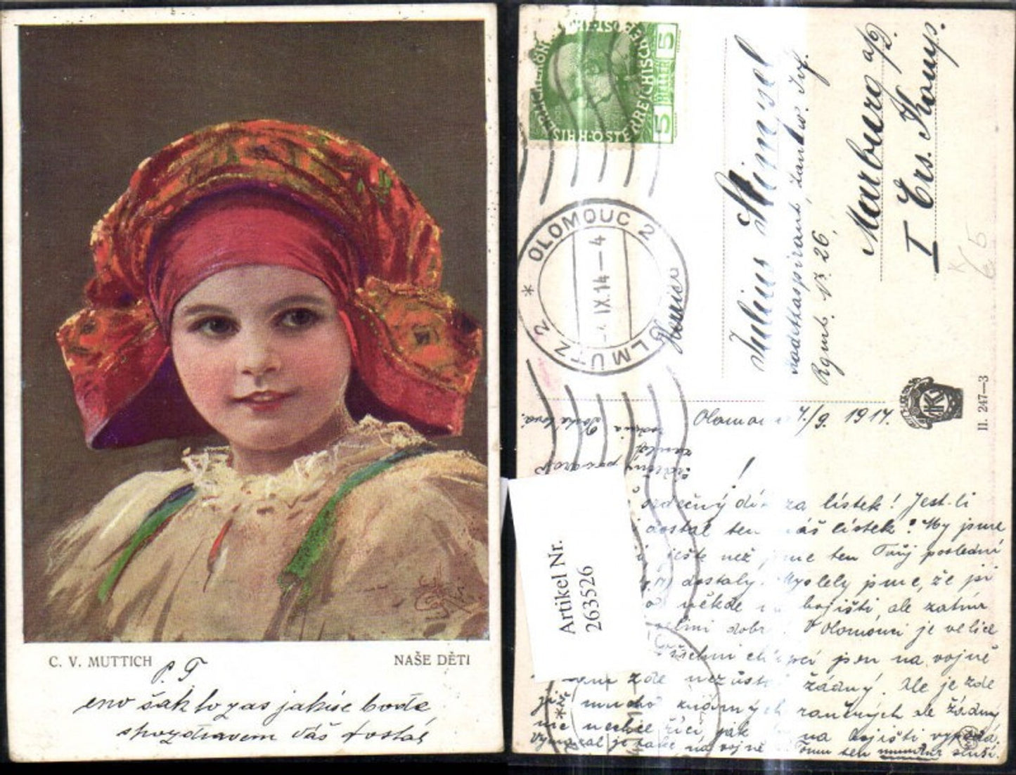 263526,Künstler Ak C. v. Muttich Nase Deti Mädchen Tracht Kopftuch