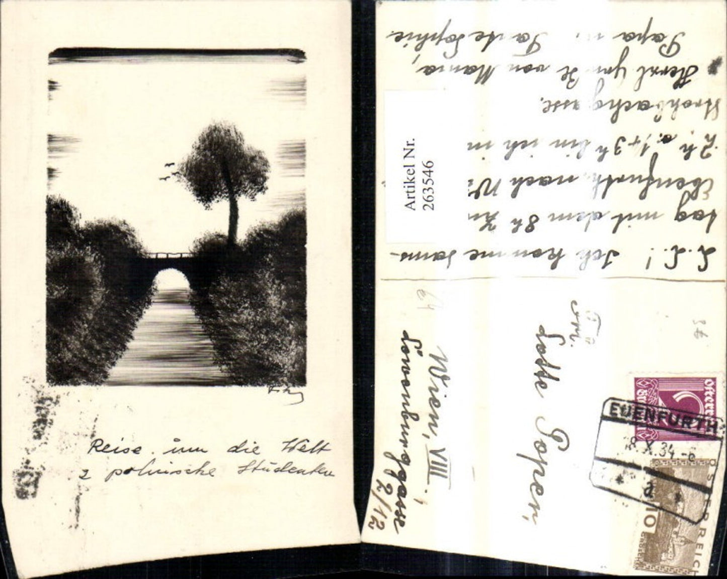 263546,Künstler Ak Fluß Brücke Baum Landschaft