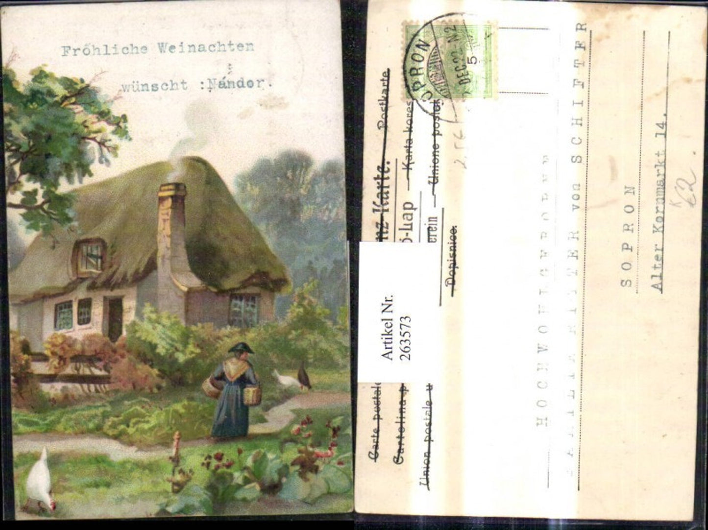 263573,Künstler Ak Frau v. Bauernhaus Weihnachten Hahn
