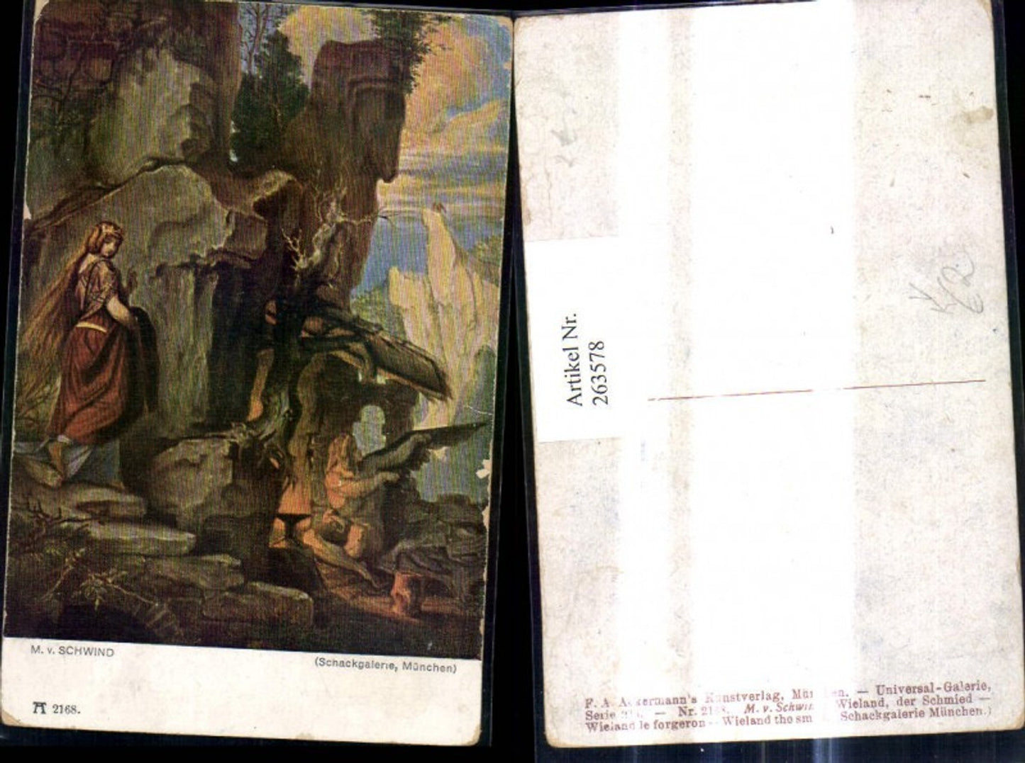 263578,Künstler Ak M. v. Schwind Wieland der Schmied Frau Engel v. Höhle Felsen pub F. A. Ackermann 213/2168