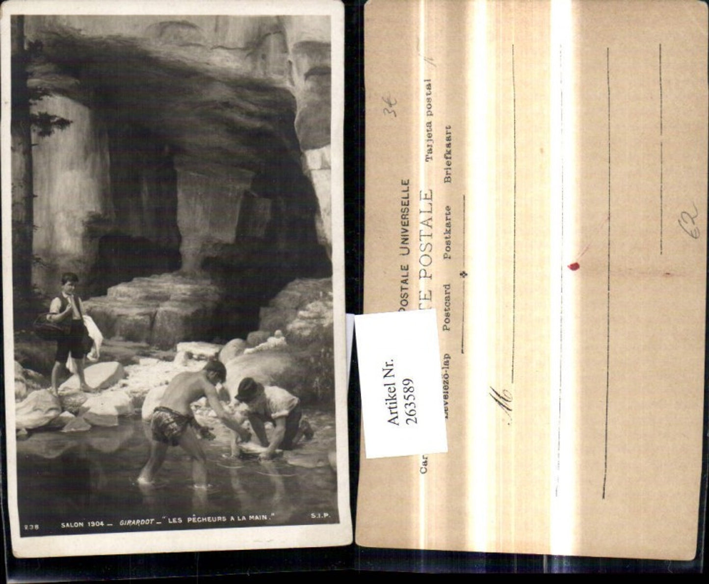 263589,Künstler Ak Giradot Les pechaeurs a la main Buben Jungen See Höhle