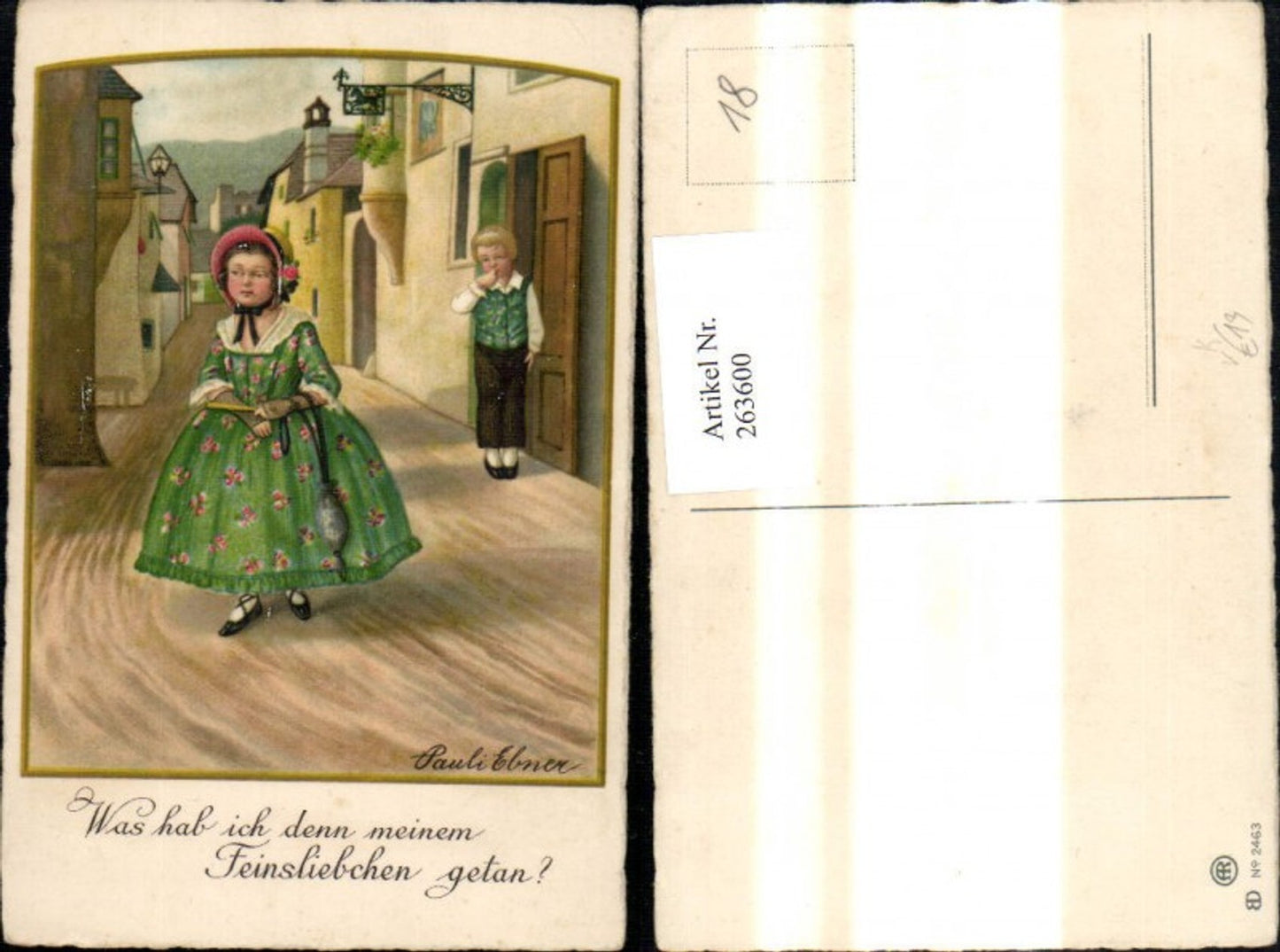 263600,Künstler Ak Pauli Ebner Frau Fächer Mann b. Tür pub August Rökl 2463