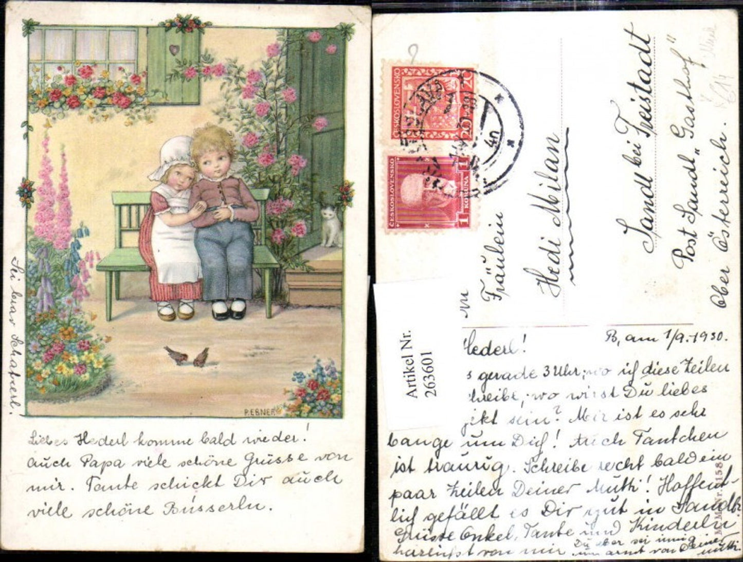 263601,Künstler Ak Pauli Ebner Kinder Paar a. Bank vor Haus Blumen Katze Vögel pub M. Munk 1158