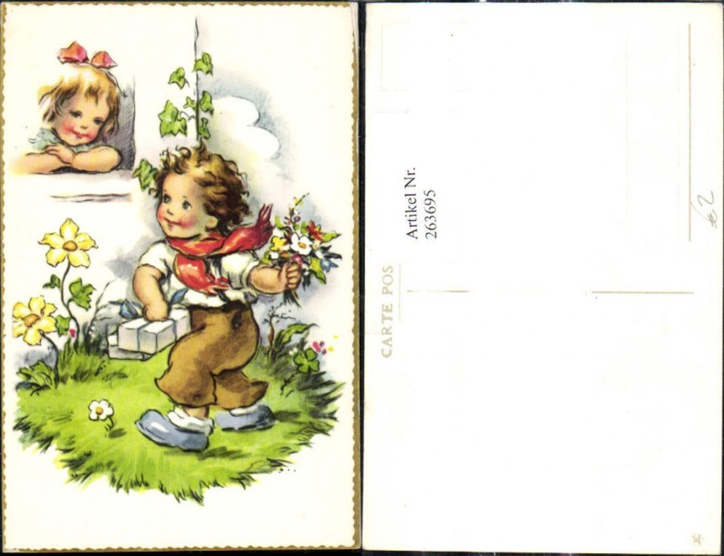 263695,Künstler Ak Kinder Bub Junge m. Blumenstrauß v. Fenster Mädchen Geschenke Blumen