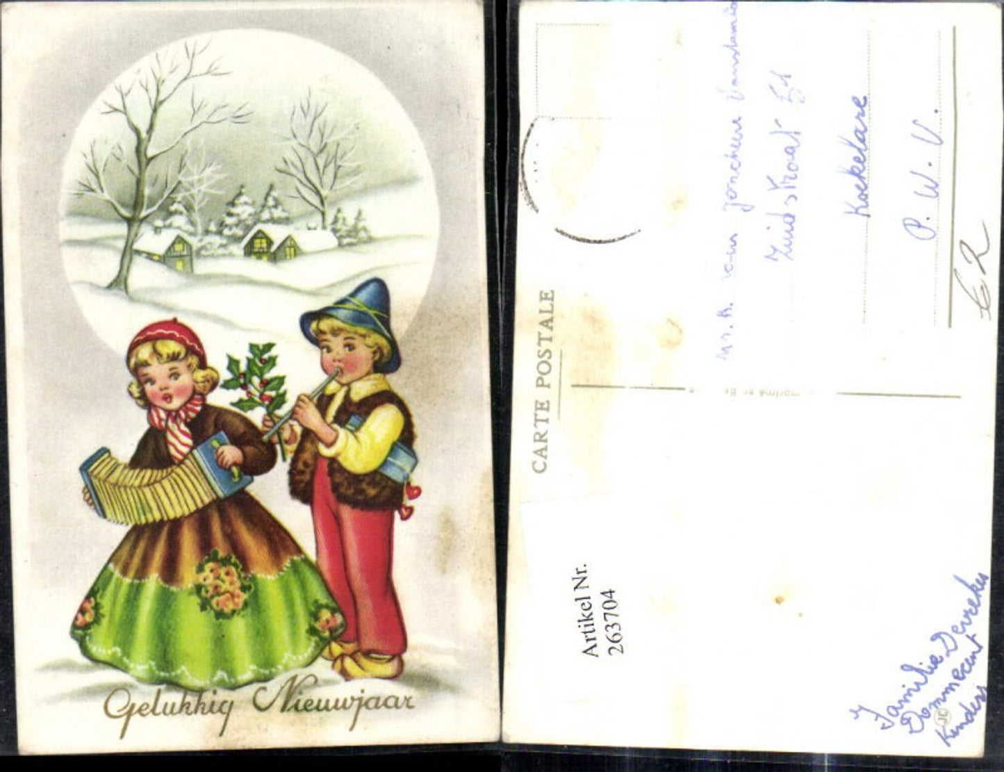 263704, Artist Ak Children in winter landscape playing flute accordion Happy New Year