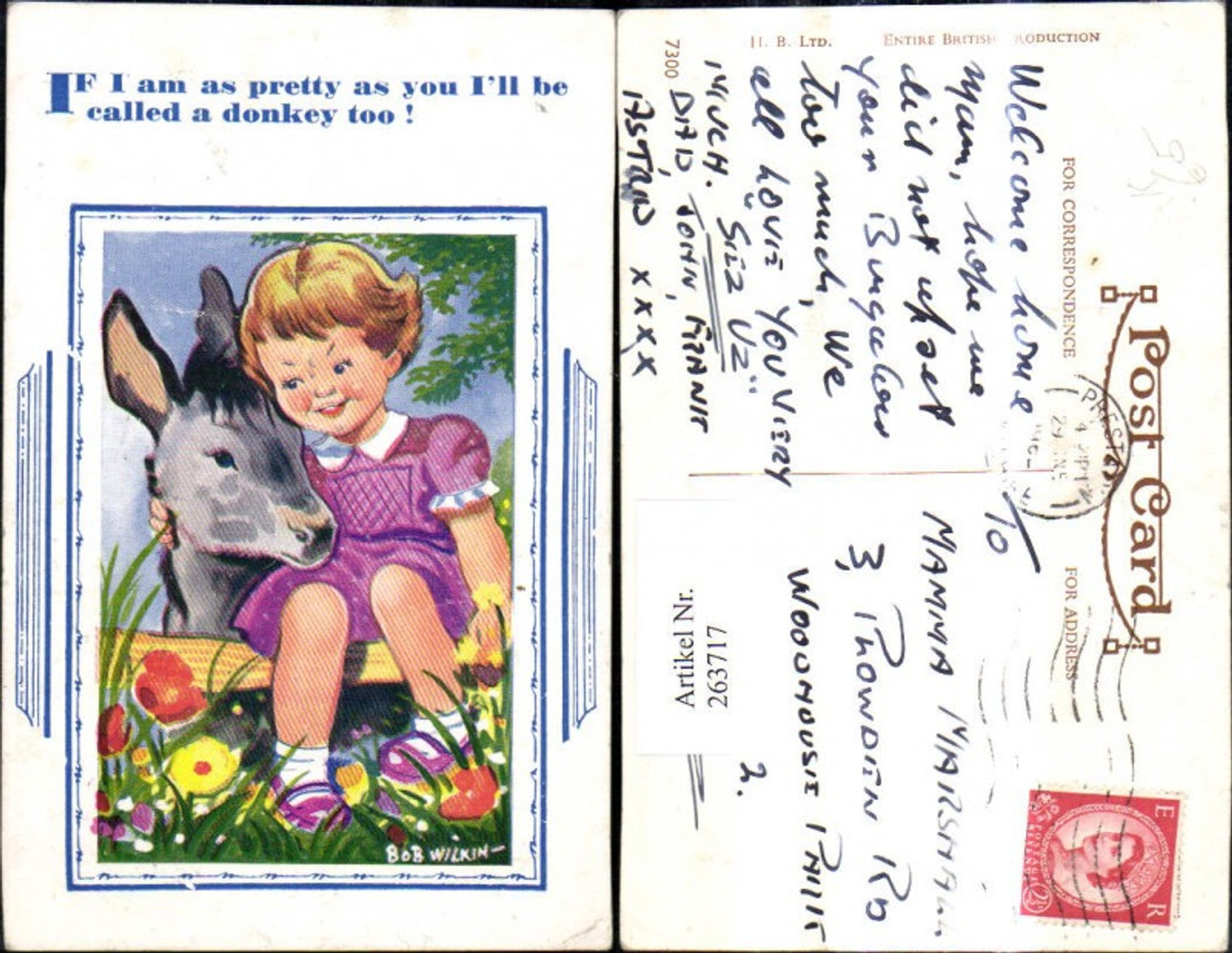 263717,Künstler Ak Bob Wilkin Kinder Mädchen m. Esel Spruch Text Passepartout
