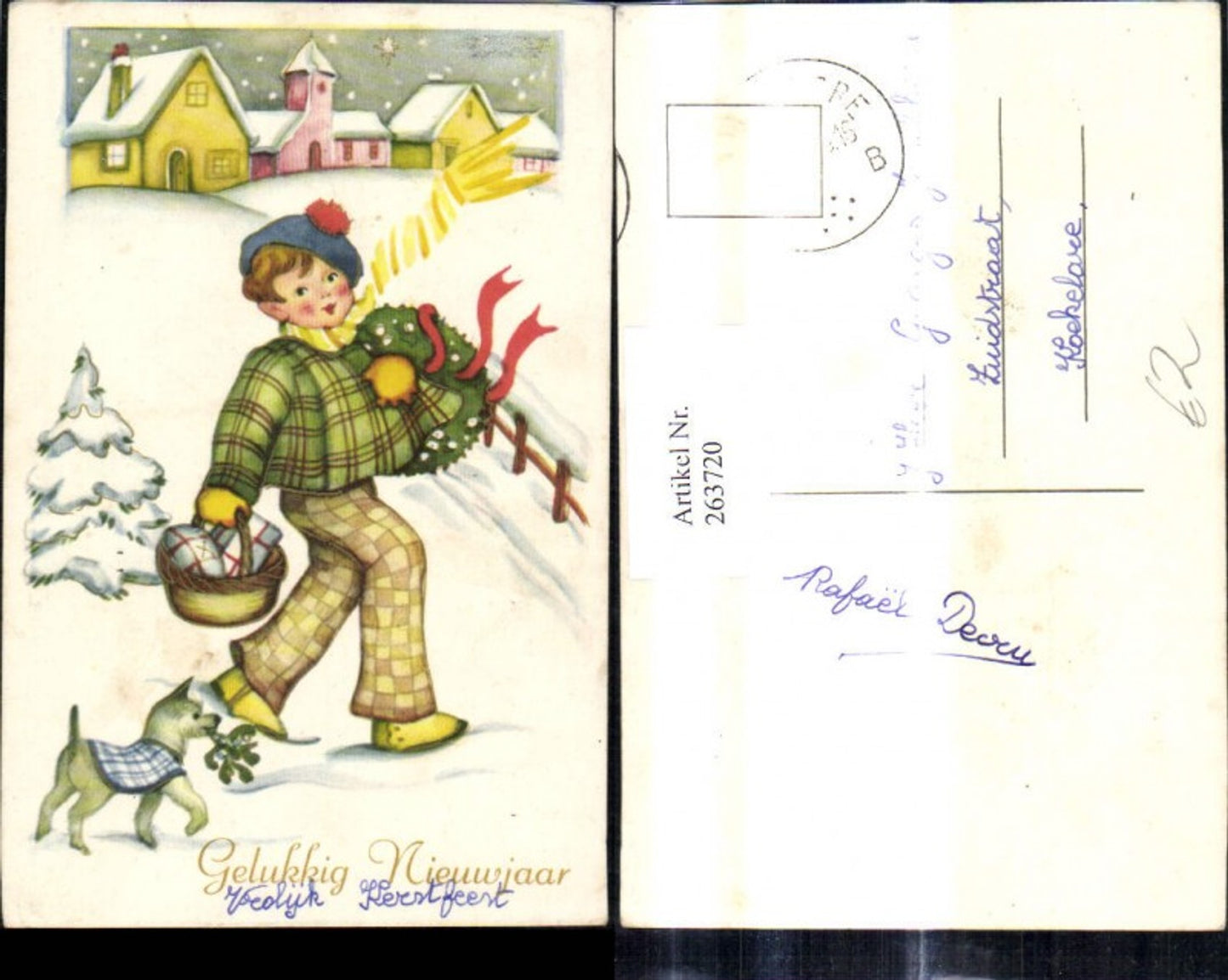 263720, Artist Ak Children Boy Walking with Basket Gifts Dog Wreath Winter Village Happy New Year