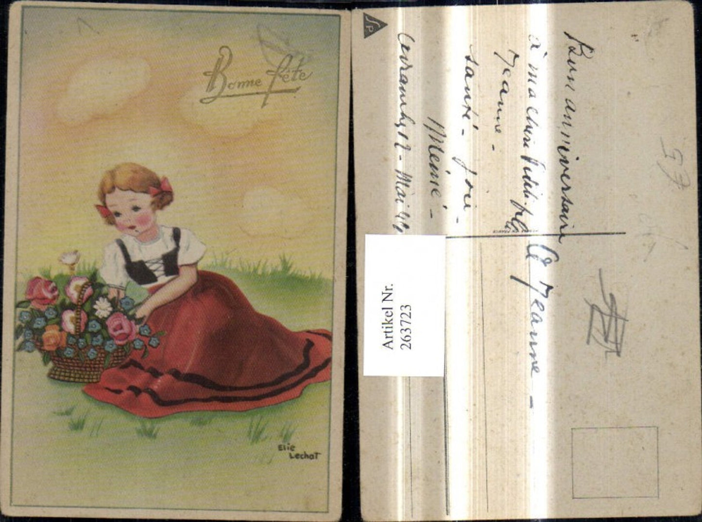 263723,Künstler Ak Elie Lechat Kinder Mädchen m. Korb Blumenkorb Blumen Bonne fete