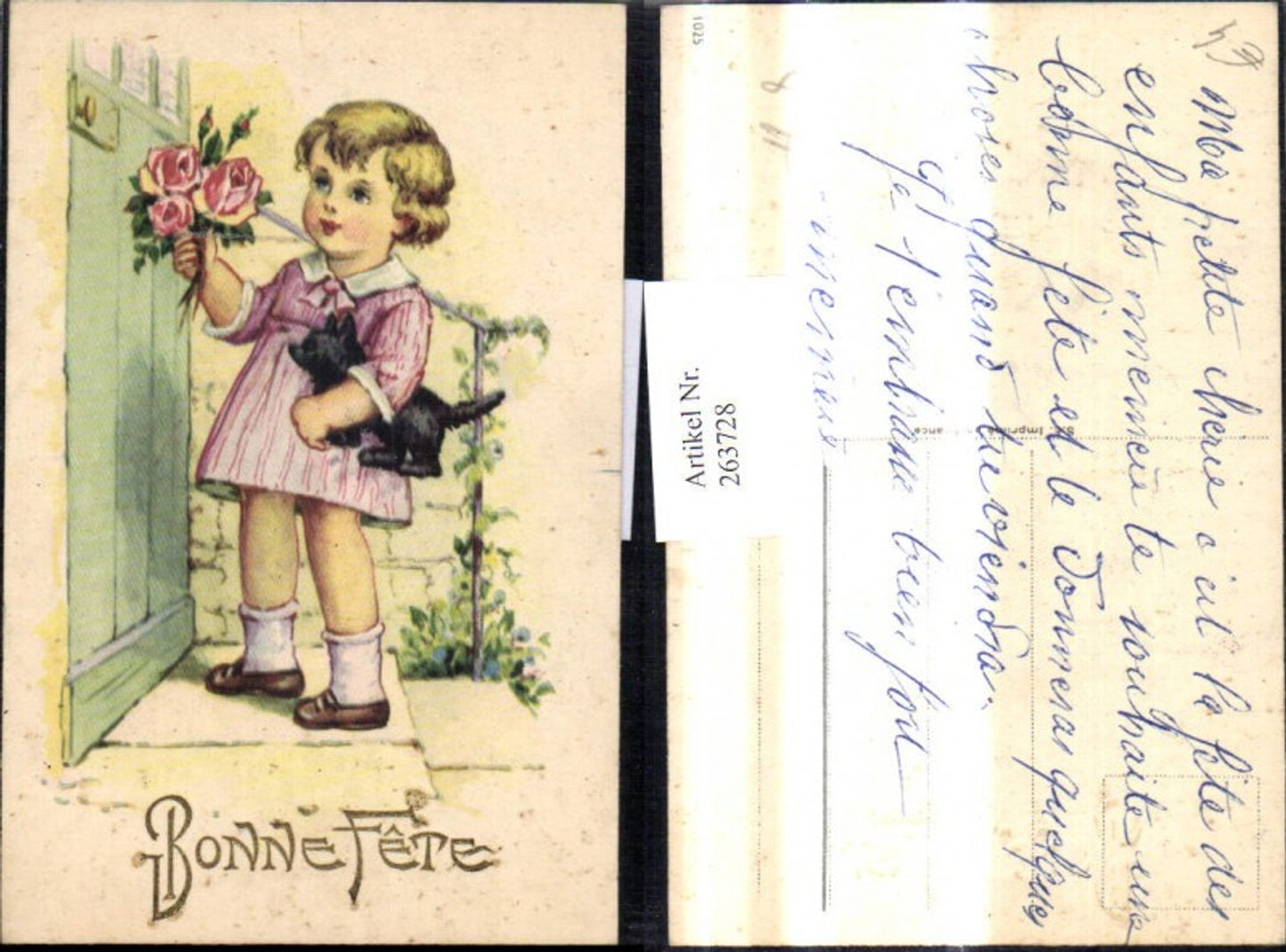 263728,Künstler Ak Kinder Mädchen m. Hund Rosen Blumen v. Tür Bonne Fete