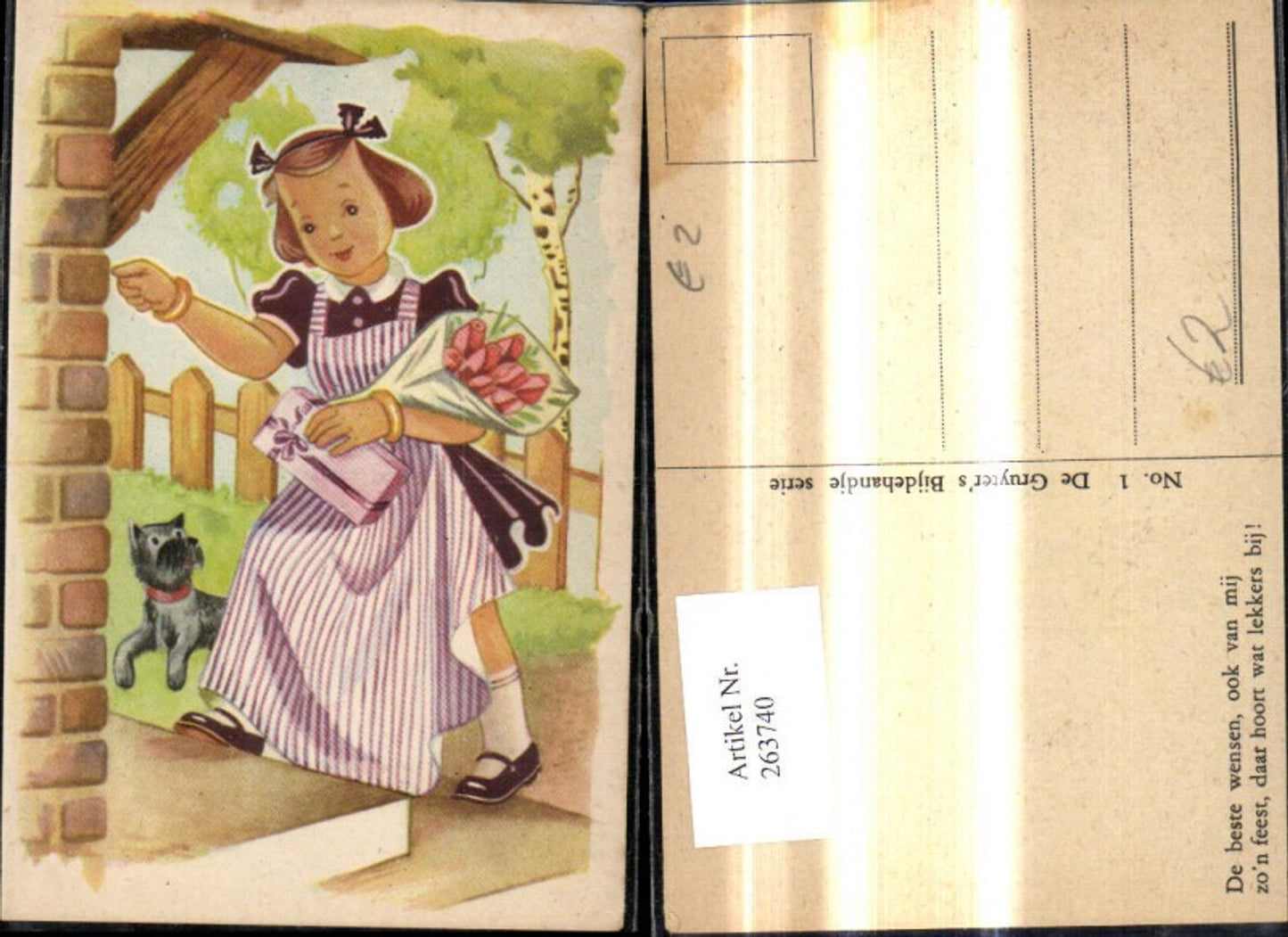 263740,Künstler Ak Kinder Mädchen m. Blumenstrauß Geschenk Hund v. Tür