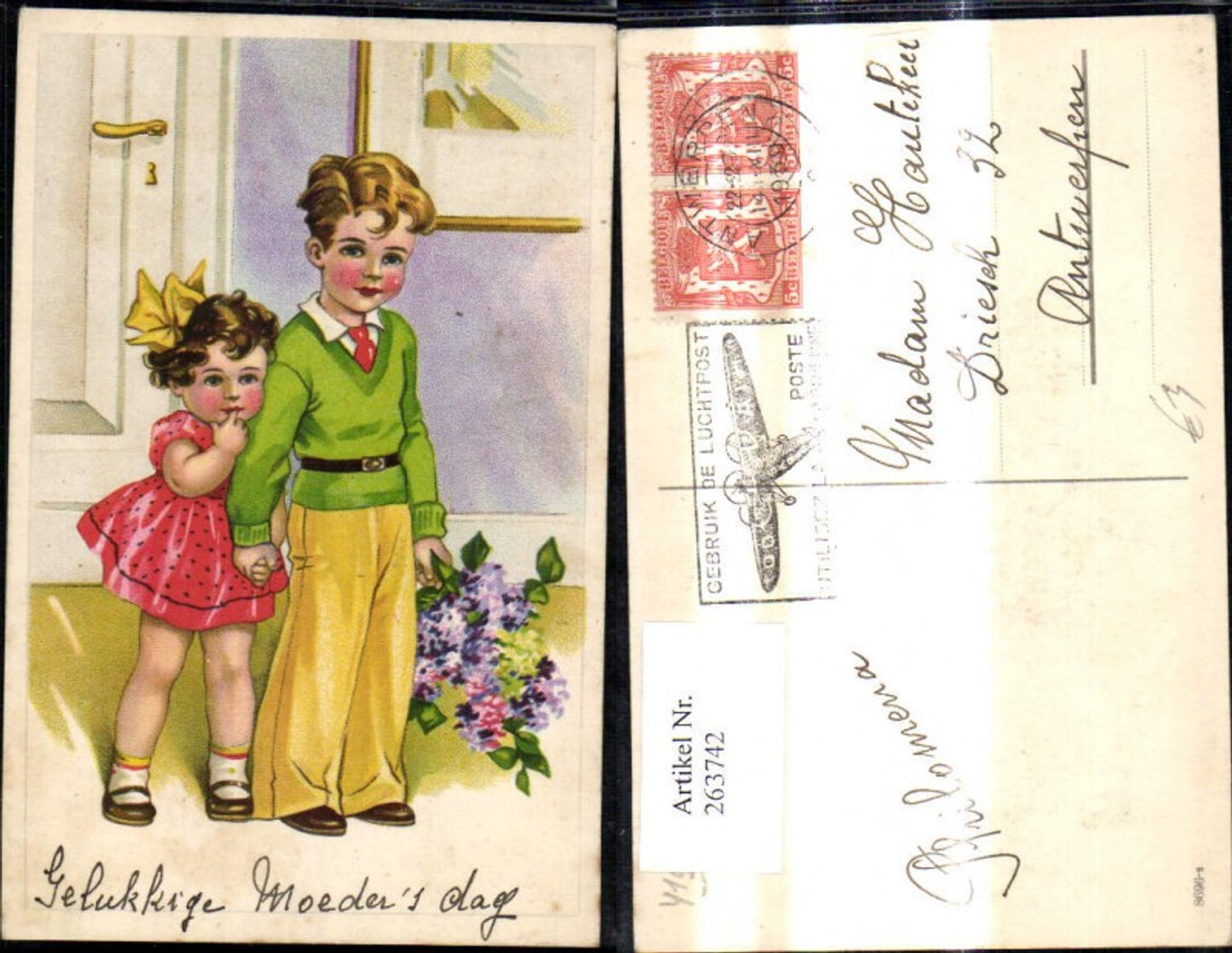 263742,Künstler Ak Kinder m. Blumenstrauß Blumen Muttertag