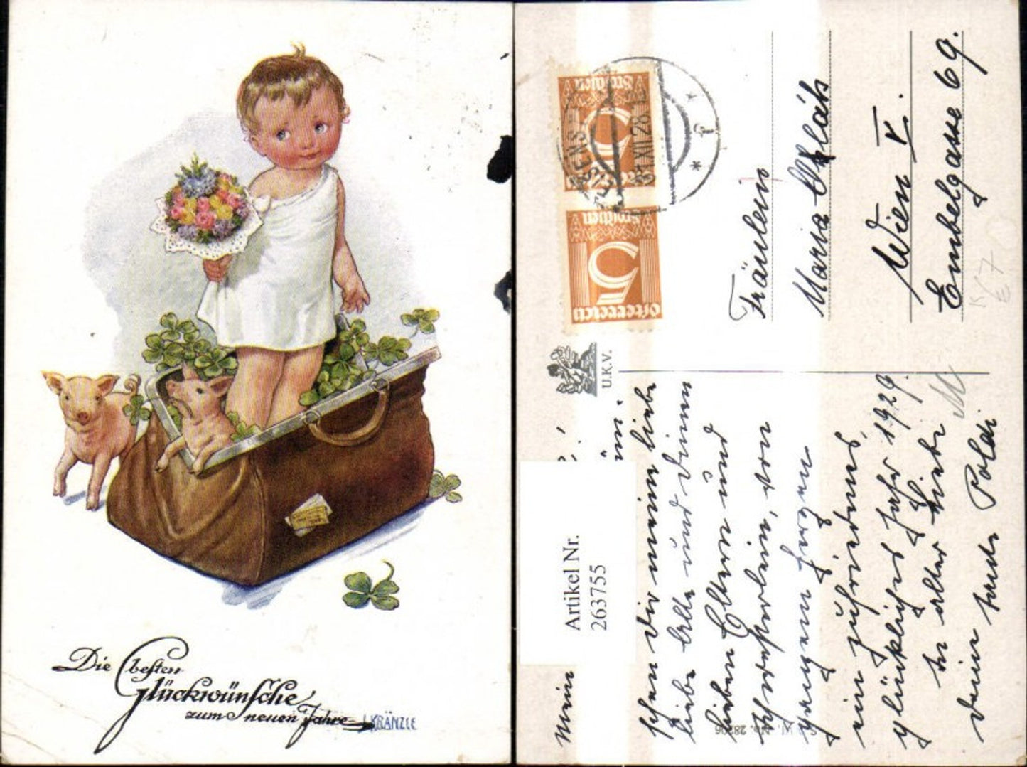 263755,Künstler Ak J. Kränzle Kinder Kind m. Blumenstrauß Schwein Klee i. Koffer Tasche