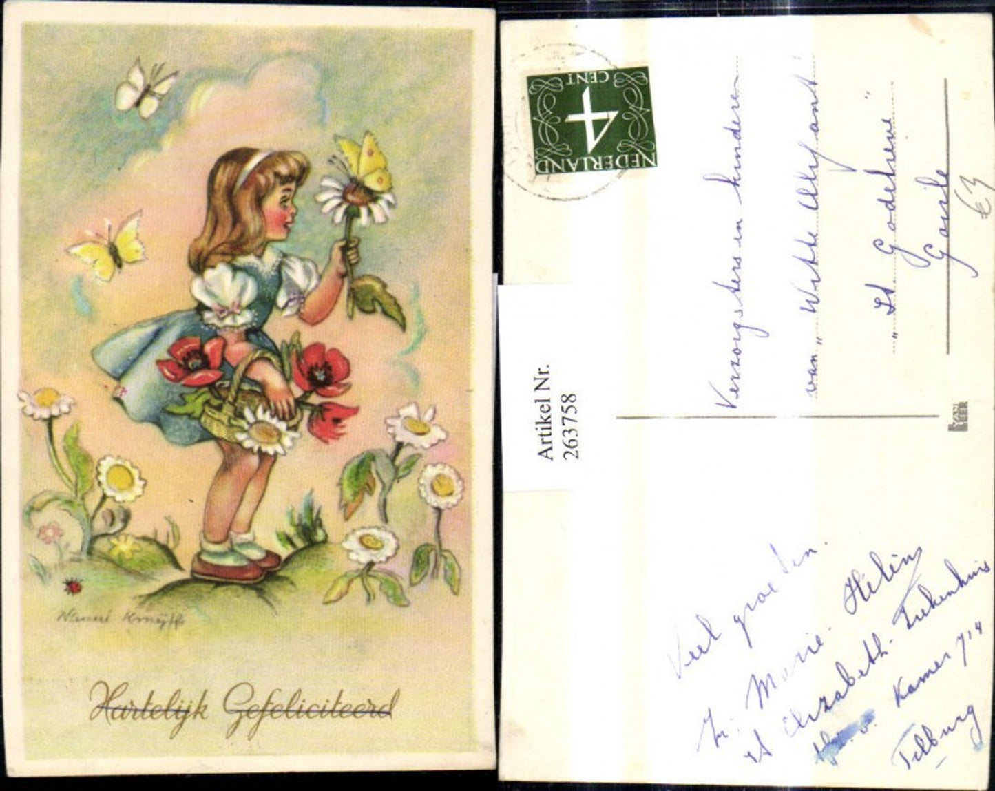 263758,Künstler Ak Kinder Mädchen m. Korb Blumen Mohnblumen Schmetterling