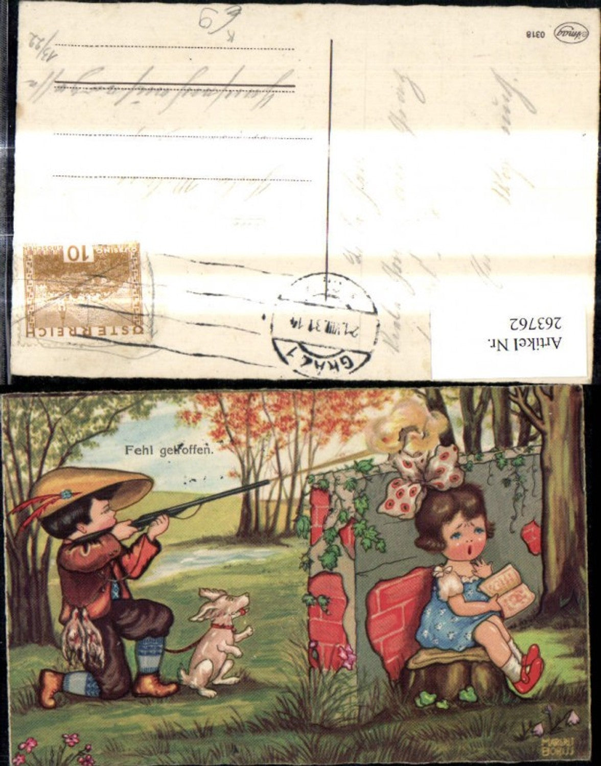263762,Künstler Ak Margret Boriss Kinder Mädchen singt hinter Mauer Bub Jäger m. Hund schießt m. Flinte Fehl getroff
