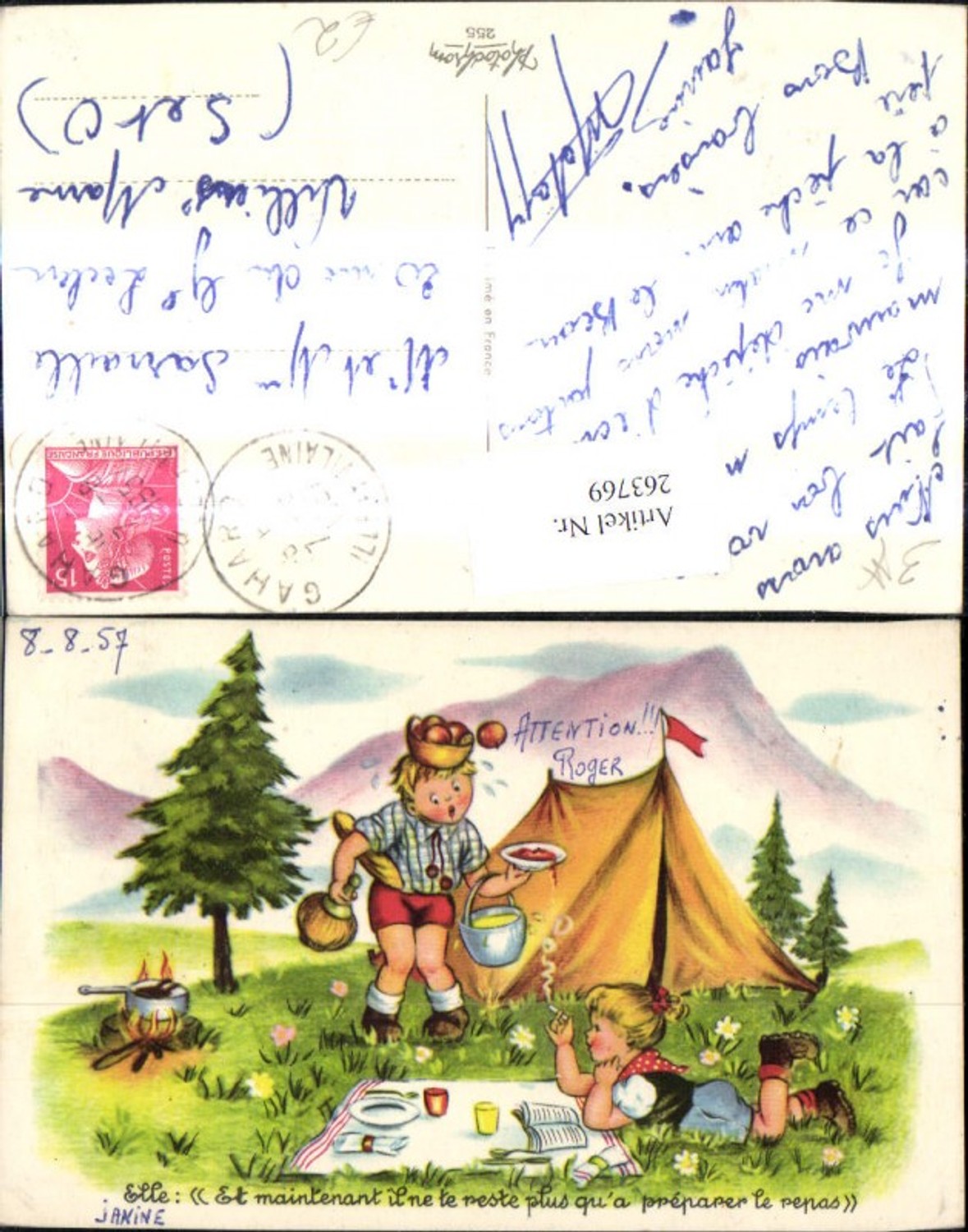 263769,Künstler Ak Kinder b. Picknick Zelt Mädchen Rauchen Spruch Bub hat alle Hände voll