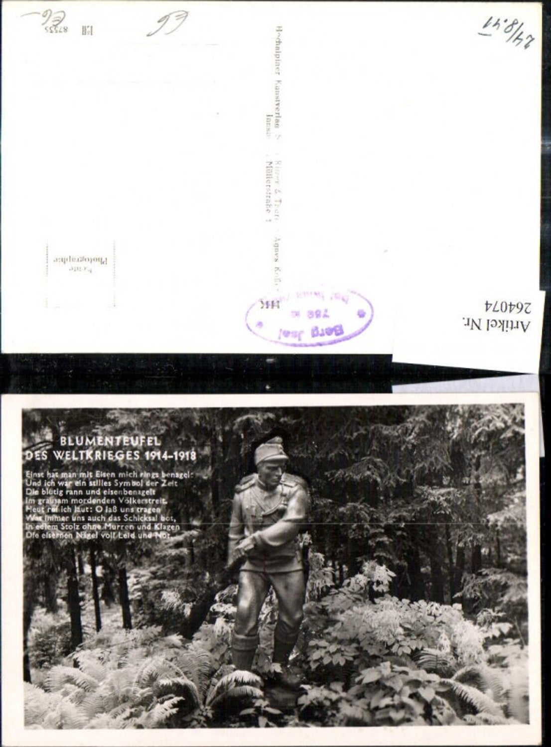 264074,Foto Ak Blumenteufel d. Weltkrieges Soldat Statue Wald Tiroler Freiheitskampf