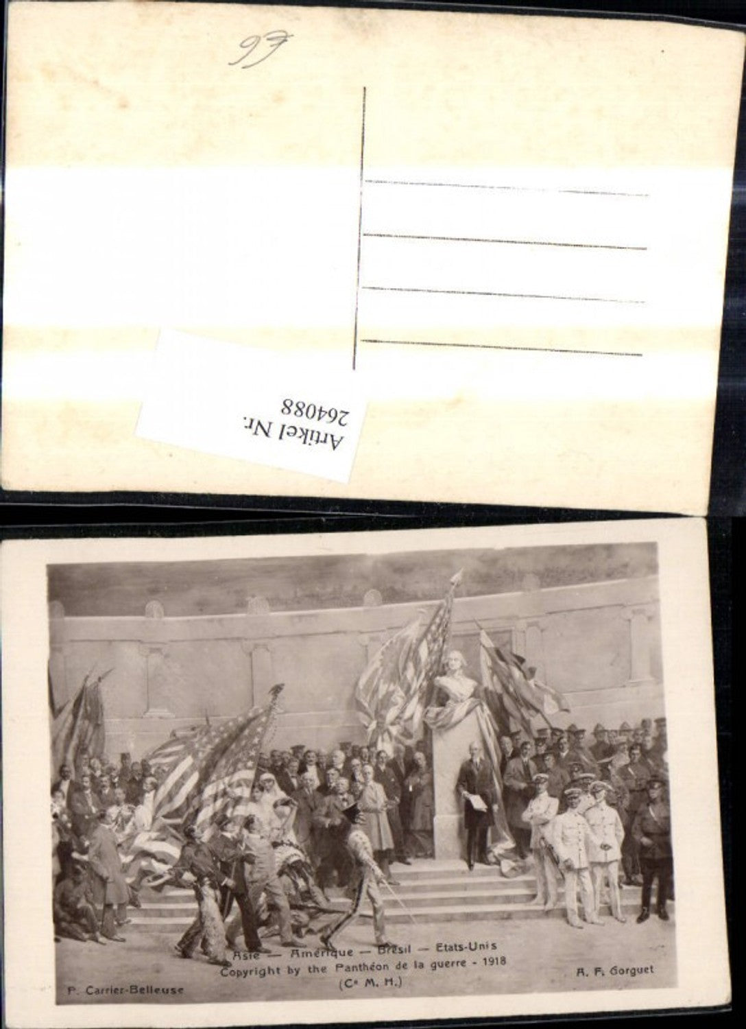 264088,Künstler Ak P. Carrier-Belleuse Asie Amerique Bresil Etats Unis Statue Fahnen Menschen Ausland