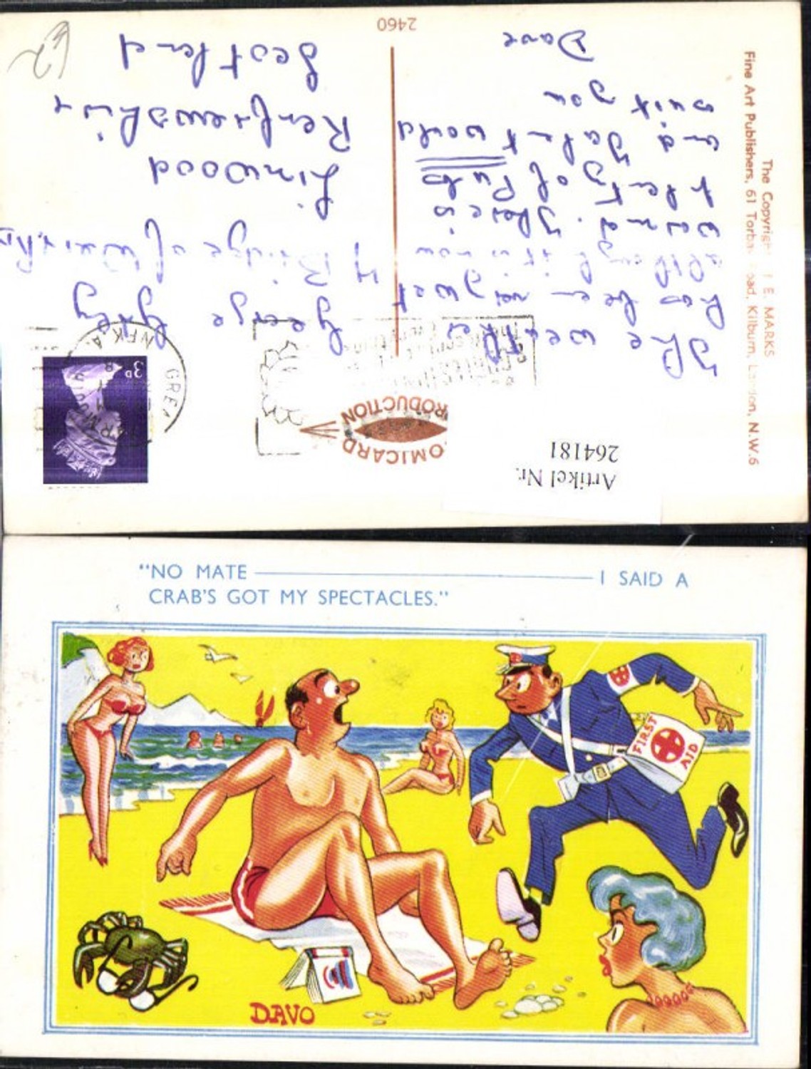 264181,Künstler Ak Davo Mann Erste Hilfe a. Strand Krabbe Dicker Zeh Spruch Scherz Humor