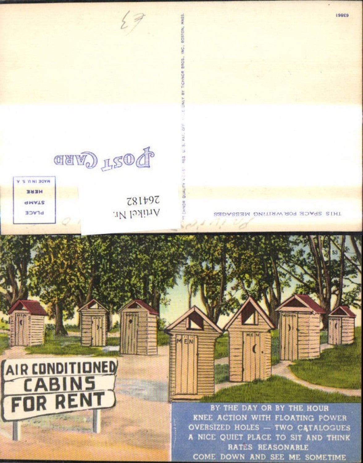 264182,Künstler Ak Air Conditoned Cabins for Rent Klohäuser z. Vermieten Spruch Scherz Humor