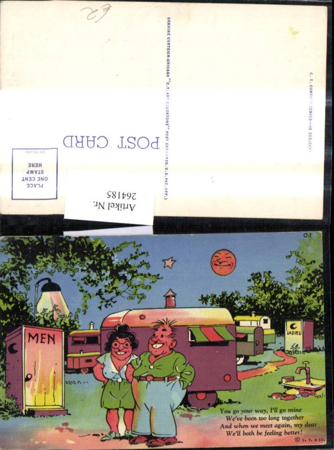 264185,Künstler Ak Paar b. Campingklo Mondgesicht Scherz Humor