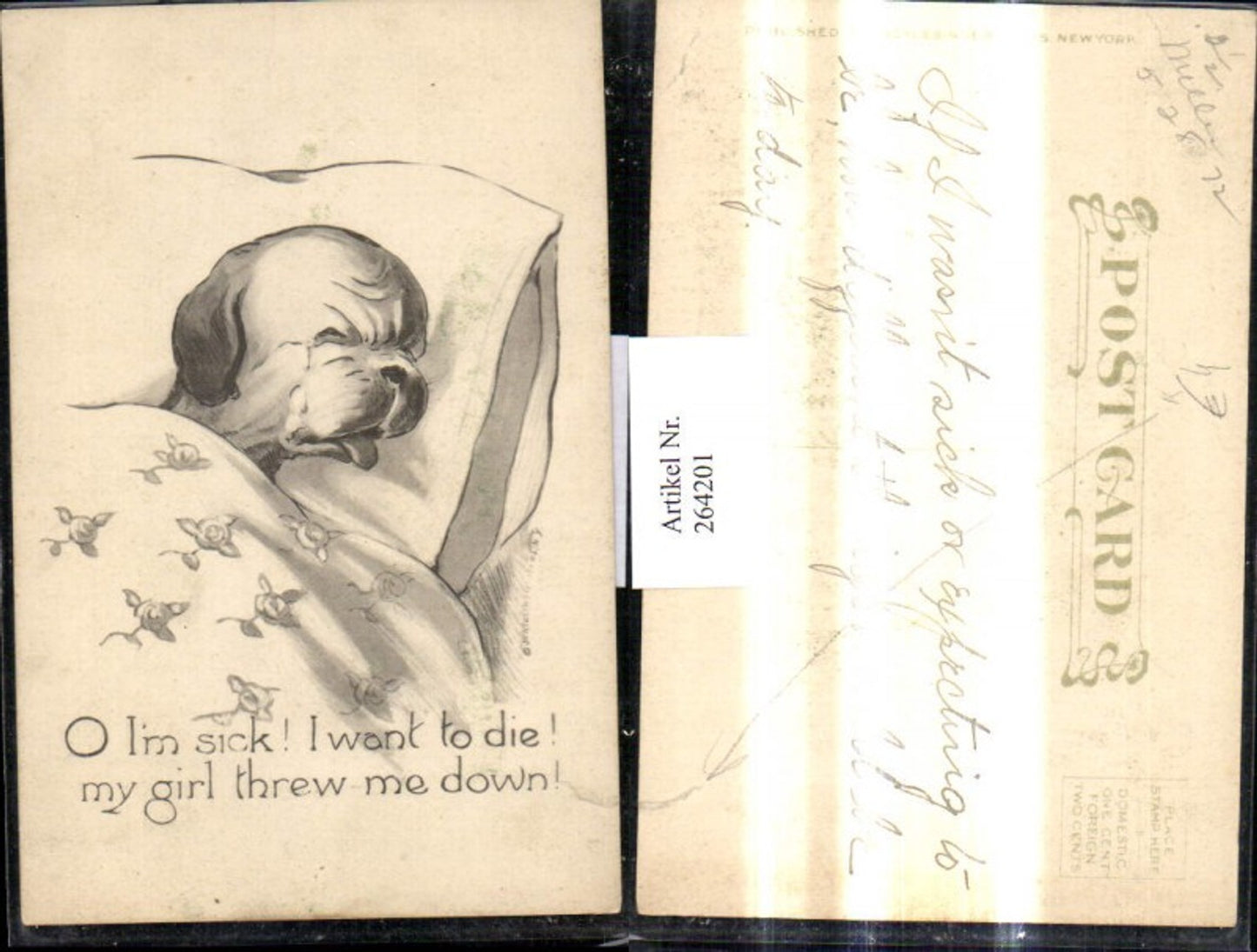 264201,Künstler Ak Hund schläft i. Bett Spruch Scherz Humor