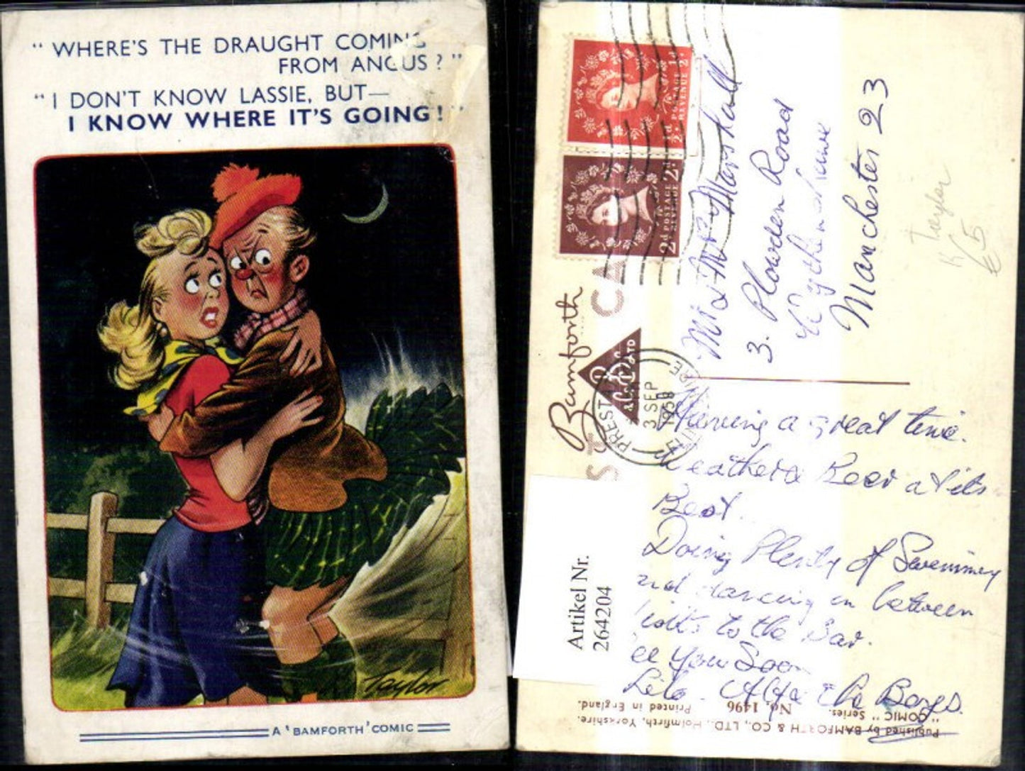 264204,Künstler Ak Taylor Paar Umarmung Schottenrock wird v. Wind hochgeweht Spruch Scherz Humor