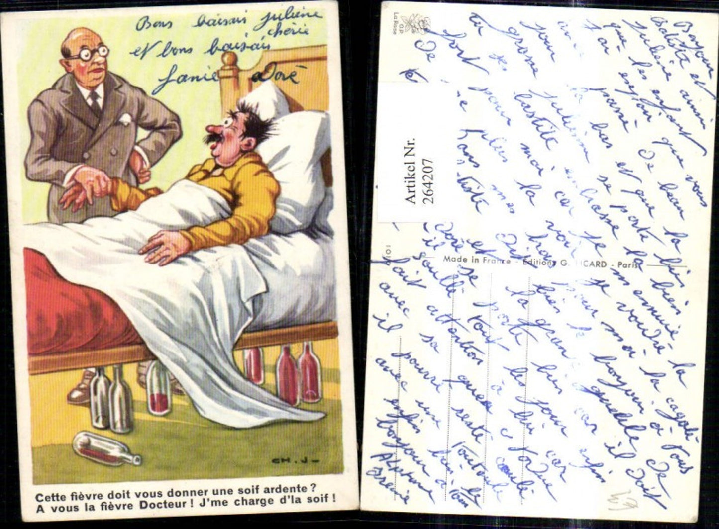 264207,Künstler Ak Kranker Mann i. Bett Doktor fühlt Puls Spruch Scherz Humor