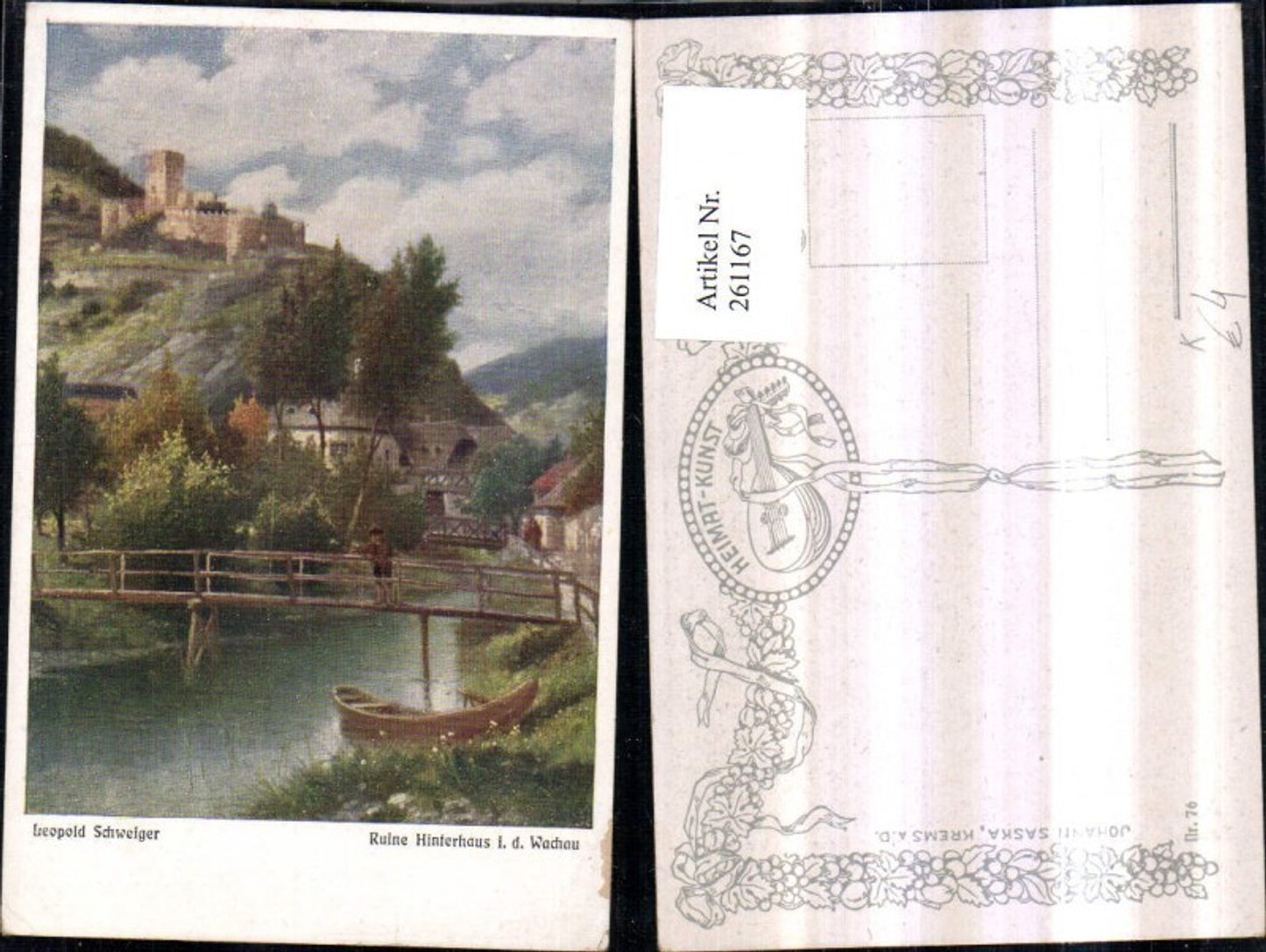 261167,Künstler AK Leopold Schweiger Ruine Hinterhaus in d. Wachau b. Spitz Brücke Ruderboot