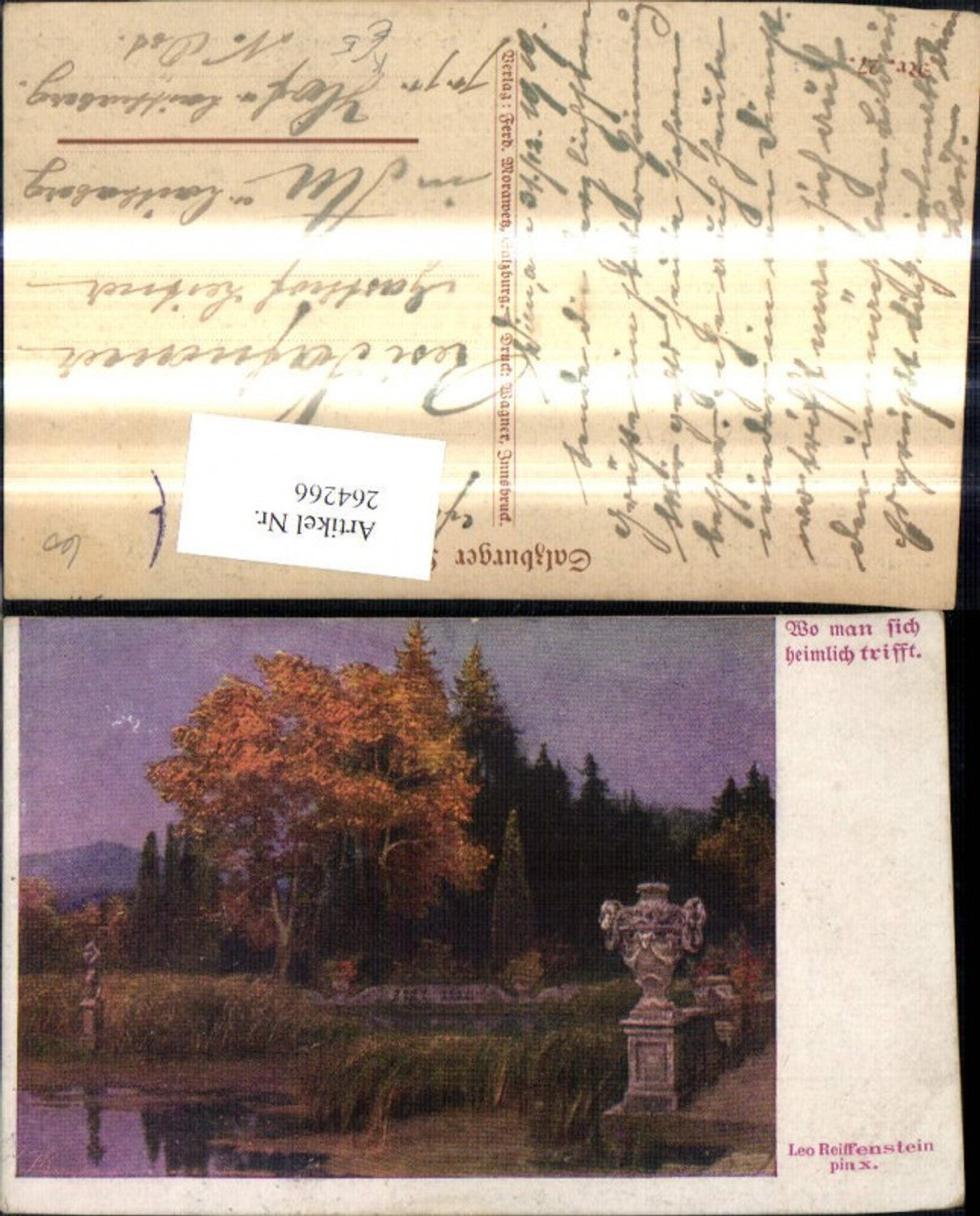264266,Künstler Ak Leo Reiffenstein Wo man sich heimlich trifft Teich Statue Landschaft