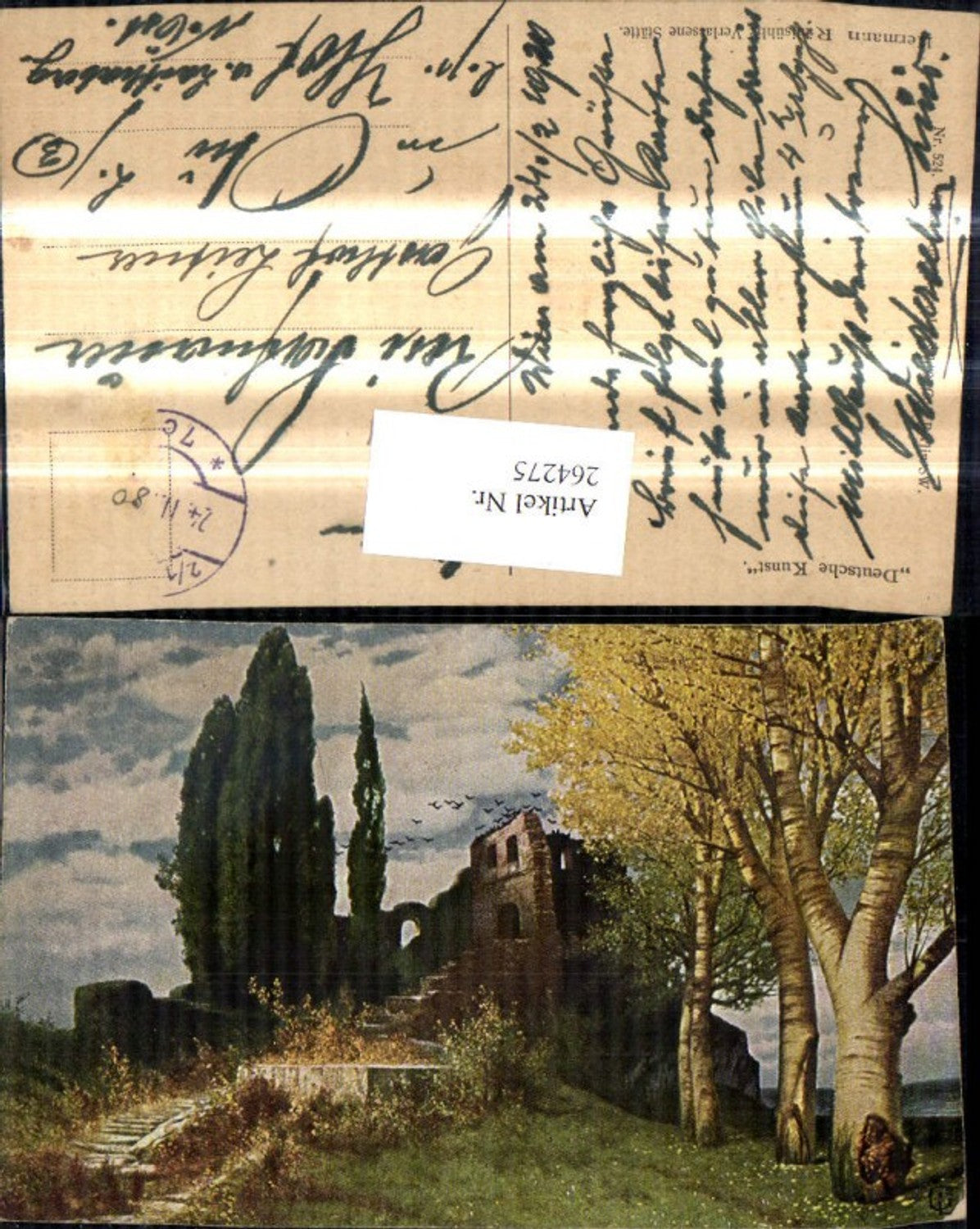 264275,Künstler Ak Hermann Rüdisühli Verlassene Stätte Ruine Bäume Birken Landschaft