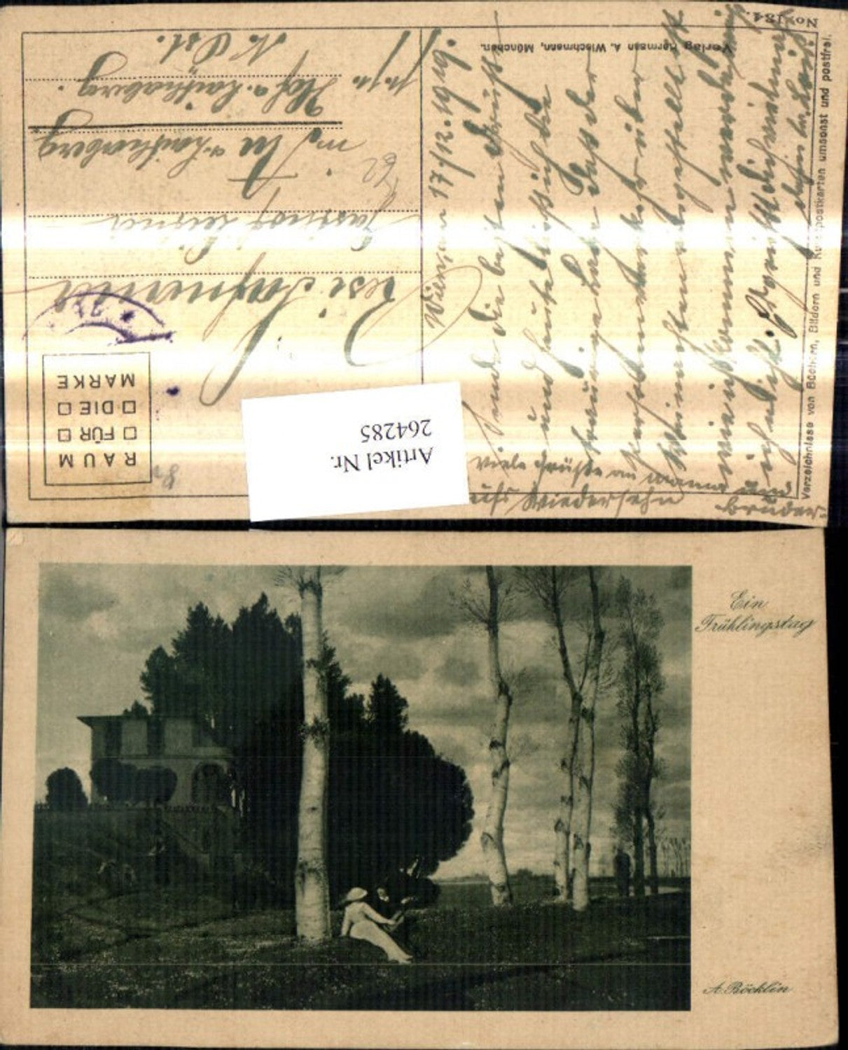 264285,Künstler Ak A. Böcklin Ein Frühlingstag Paar m. Mandoline b. Birke Bäume Landschaft