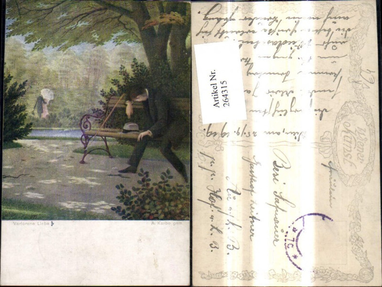 264315, Artist Ak A. Karbo Lost Love Man on a Bank Hat Walking Stick pub BKWI Brothers Kohn 2295