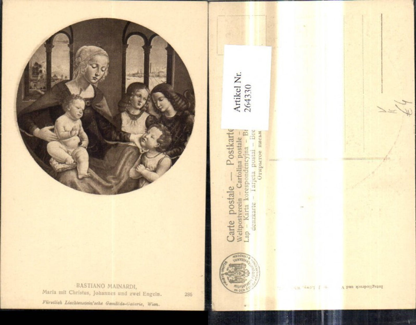 264330, Artist Ak Bastiano Mainardi Maria with Christ John and two angels Women with children pub J. Löwy Vienna 286