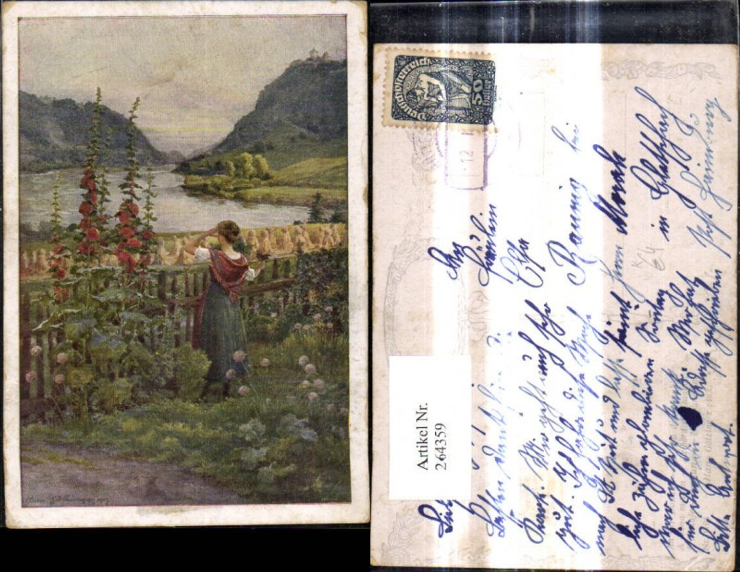 264359,Künstler Ak Hans Götzinger An der Donau Mädchen Garten Ufer Heinzen Fluß Landschaft
