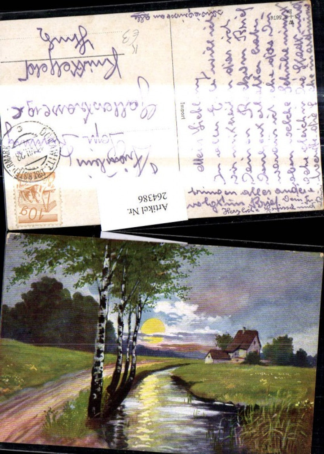 264386,Künstler Ak Birken a. Ufer Fluß Mond Landschaft