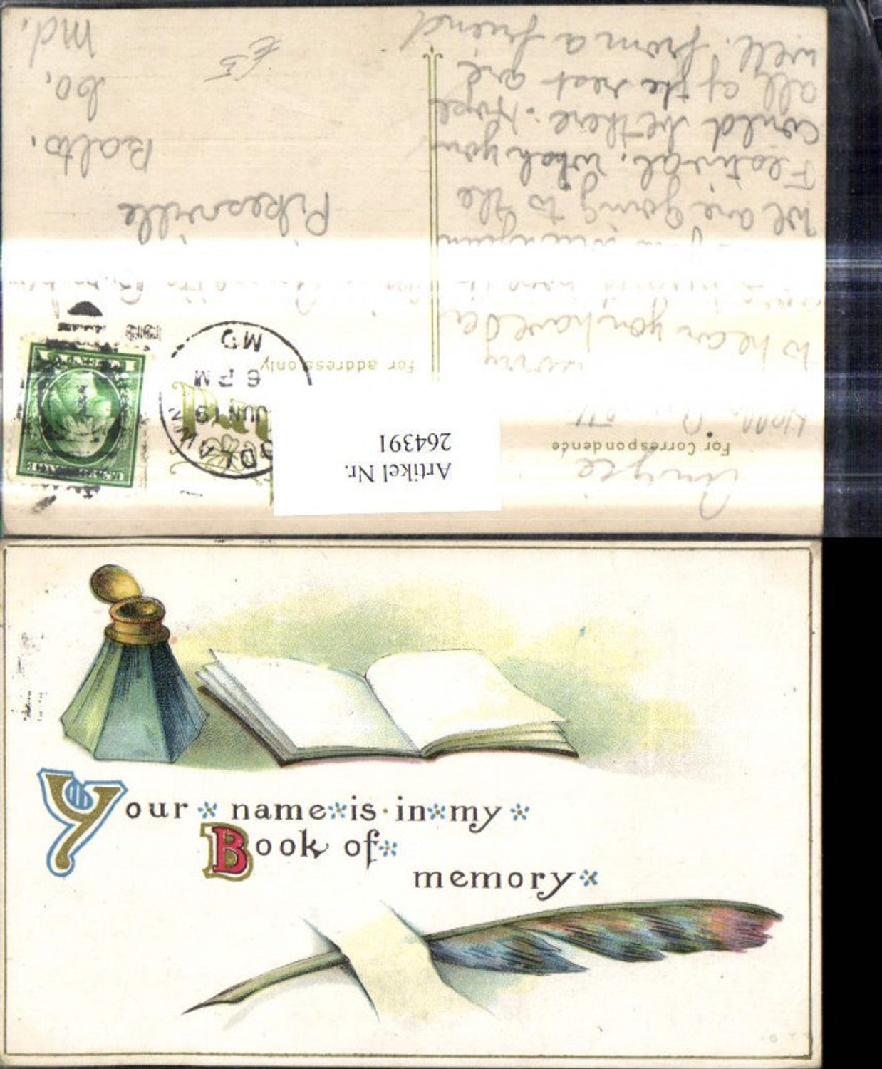 264391,Künstler Ak Buch Feder Schreibfeder Tintentopf Buch Your name is in my Book of memory