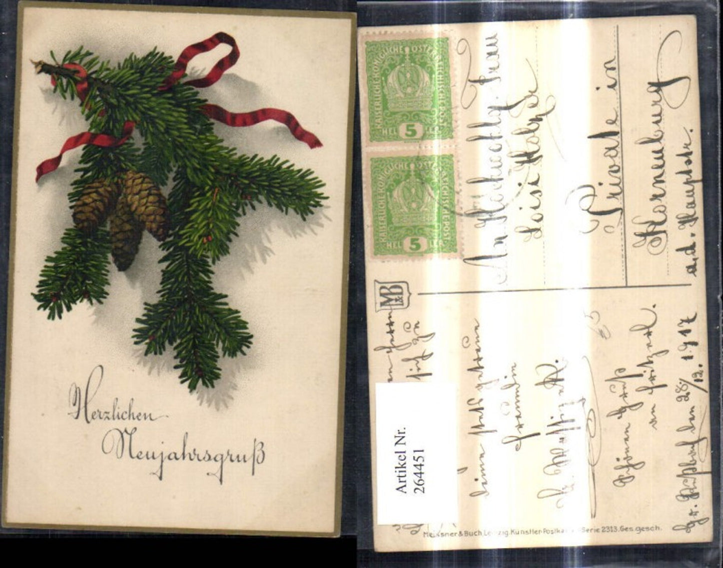 264451,Künstler Ak Meissner & Buch 2313 Tannenzweige Schleife Zapfen Neujahr