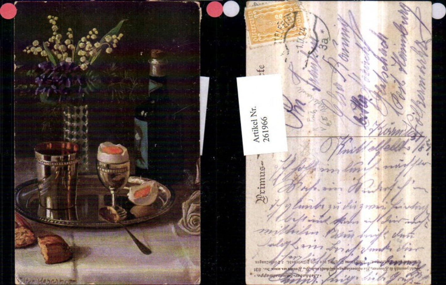261966,Primus AK 831 Künstler Fritz Hildebrandt Stillleben Ei Löffel Flasche Blumenstrauß Vase