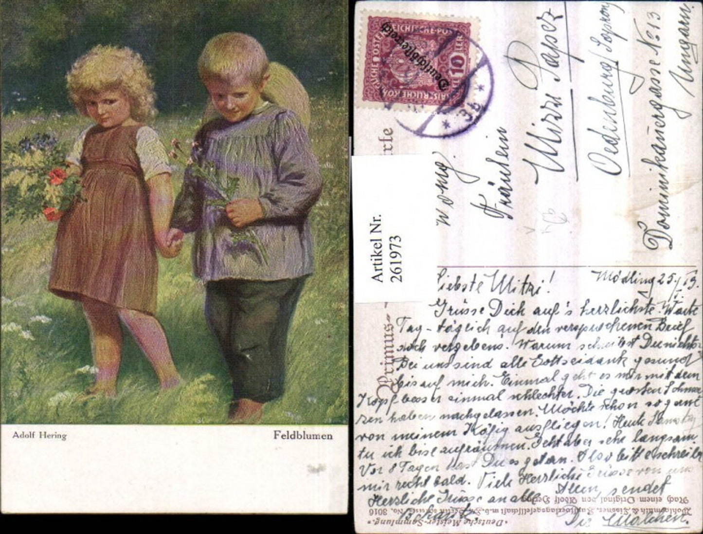 261973,Primus AK 3016 Künstler Adolf Hering Feldblumen Junge Mädchen Händchen haltend Blumenstrauß Hut