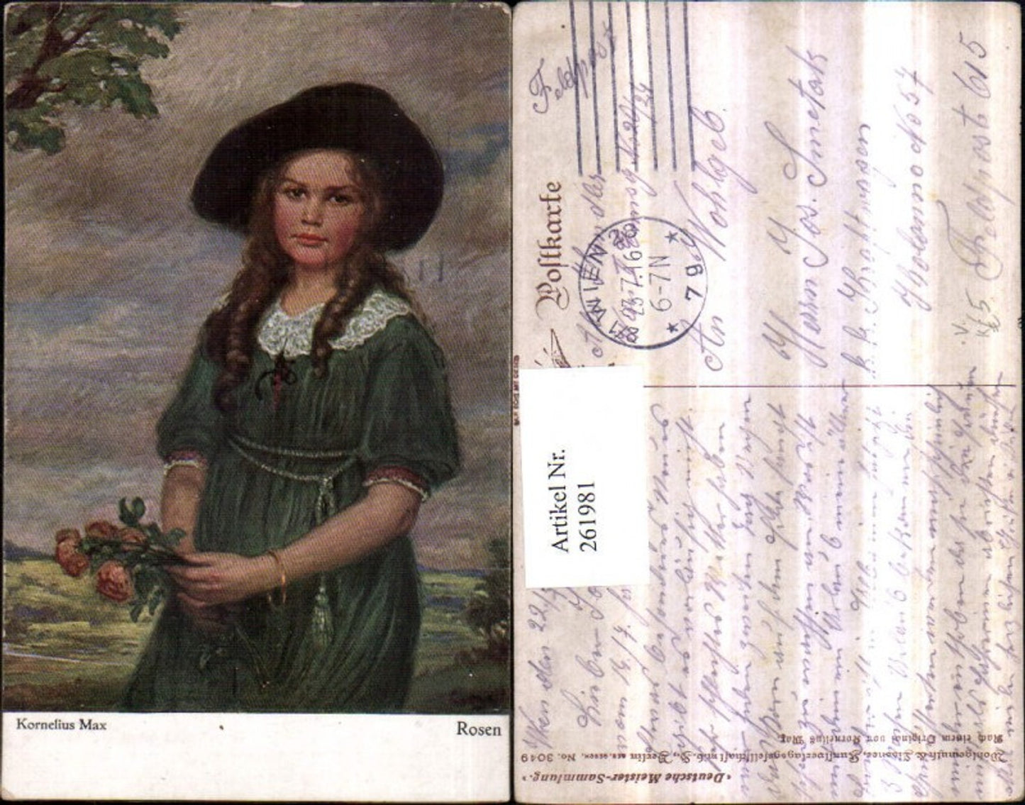 261981,Primus AK 3049 Künstler Kornelius Max Rosen Mädchen m. Hut Kleid Rosenstrauß