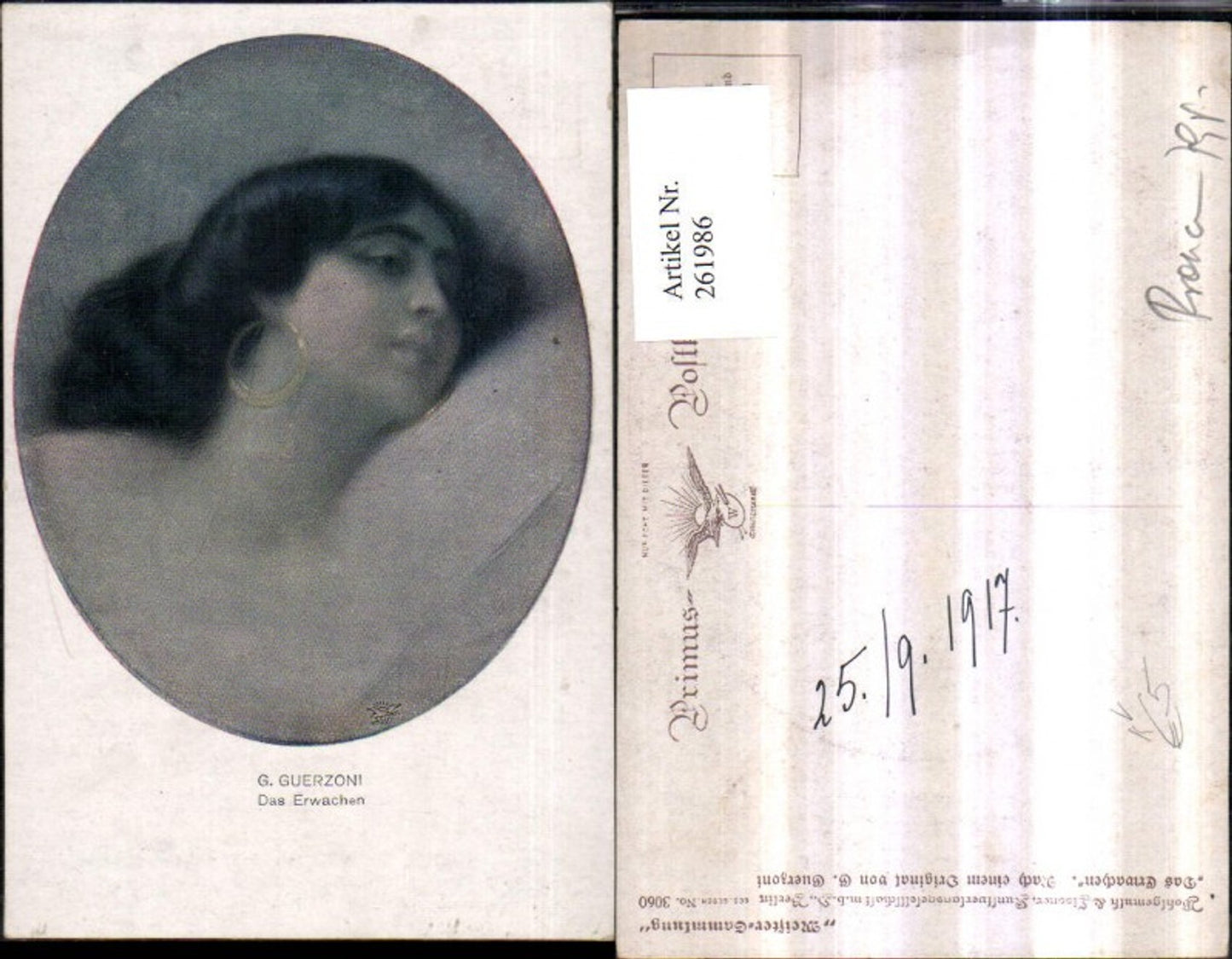 261986, Primus AK 3060 Artist G. Guerzoni The Awakening Woman with Earrings Portrait